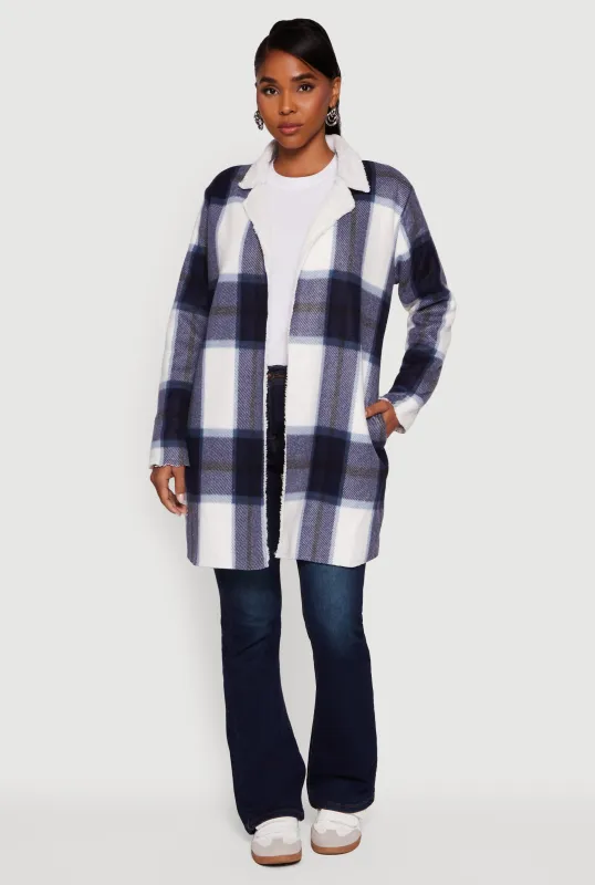 Plaid Sherpa Lined Fleece Collared Open Front Long Jacket sold by Rainbow