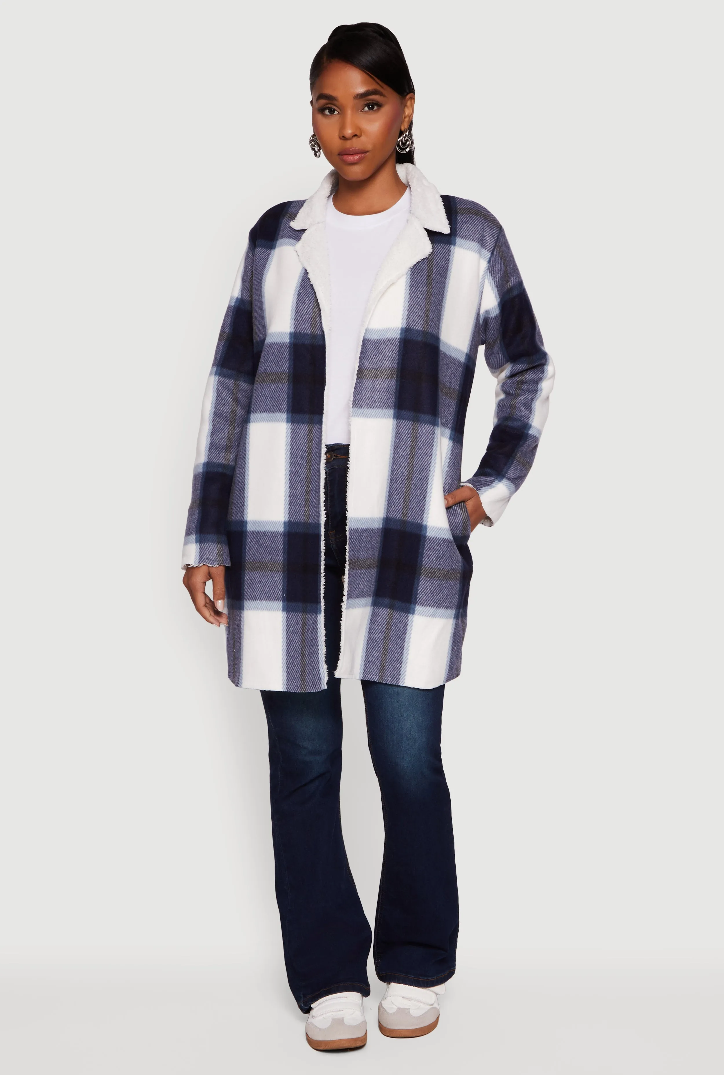 Plaid Sherpa Lined Fleece Collared Open Front Long Jacket sold by Rainbow