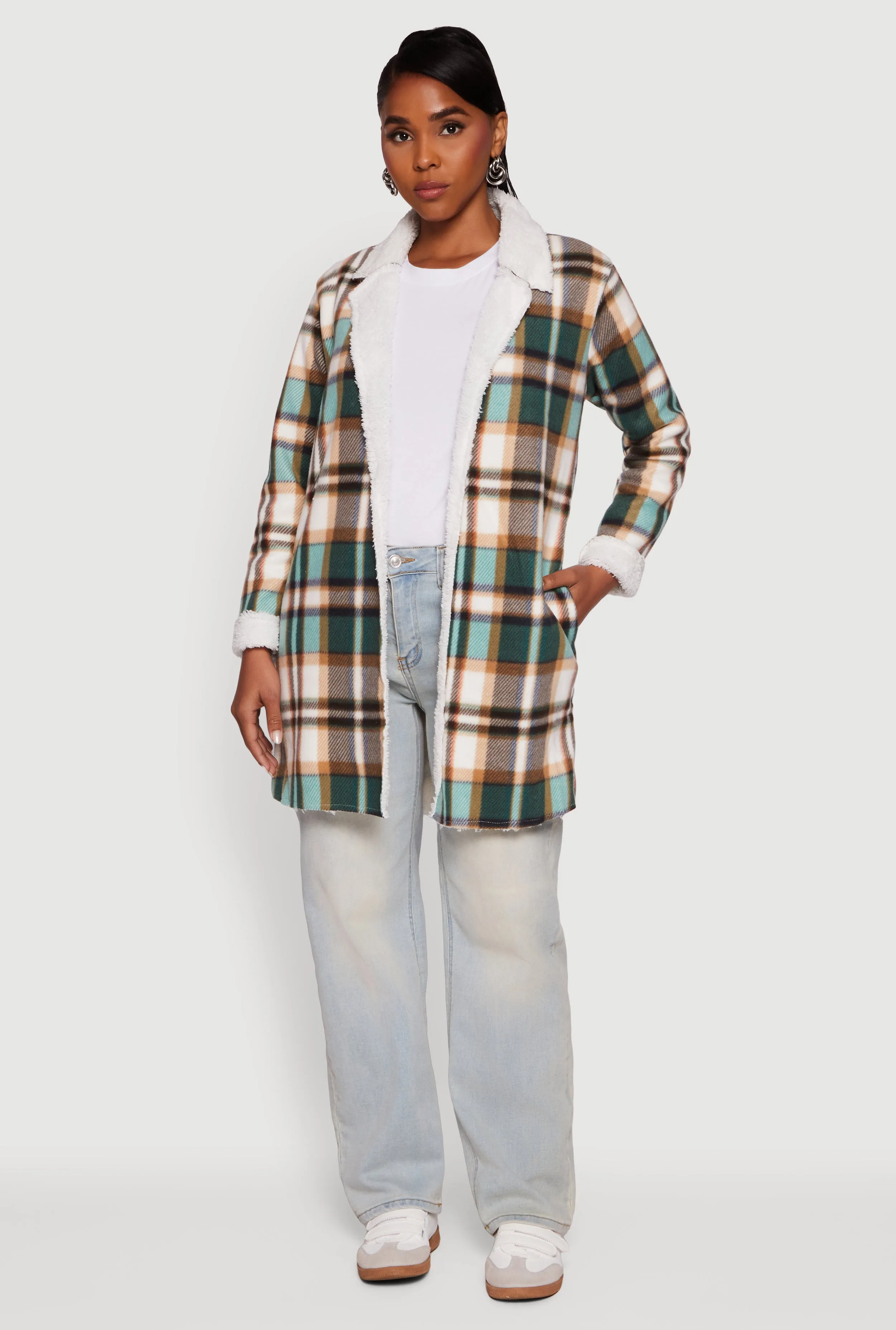 Plaid Sherpa Lined Fleece Collared Open Front Long Jacket sold by Rainbow product image thumbnail 3