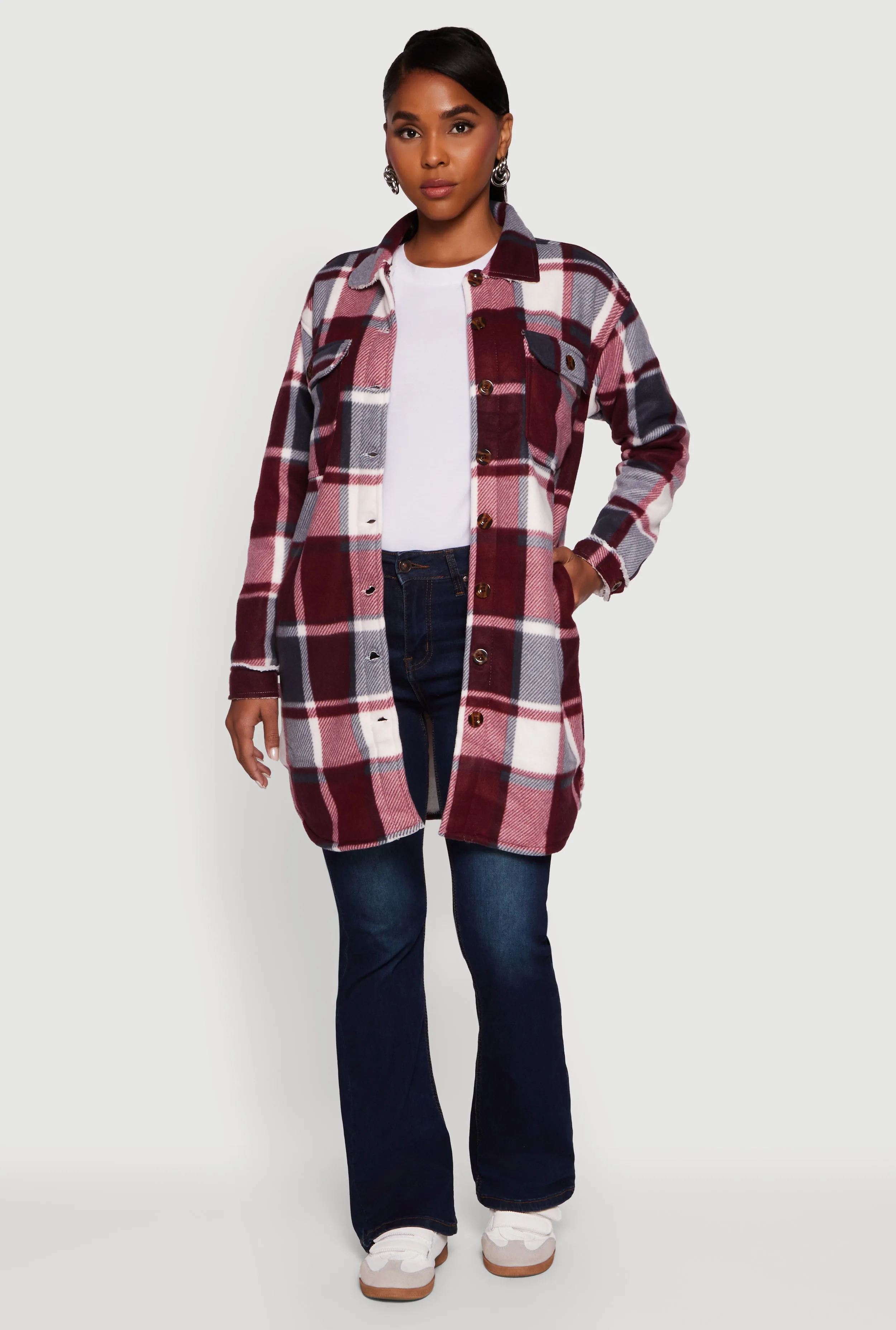 Plaid Sherpa Lined Fleece Button Front Long Shacket sold by Rainbow product image thumbnail 2