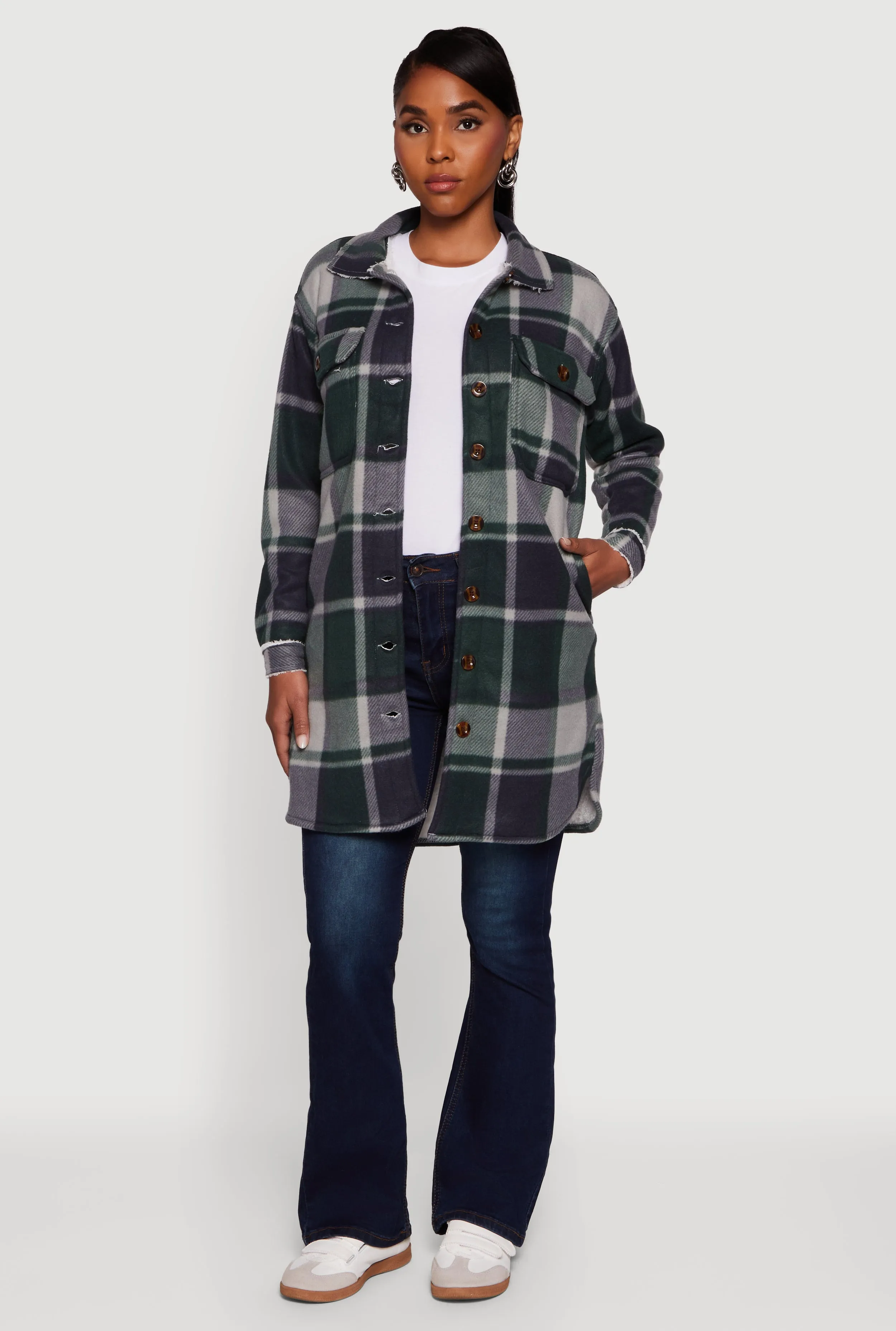 Plaid Sherpa Lined Fleece Button Front Long Shacket sold by Rainbow product image thumbnail 3