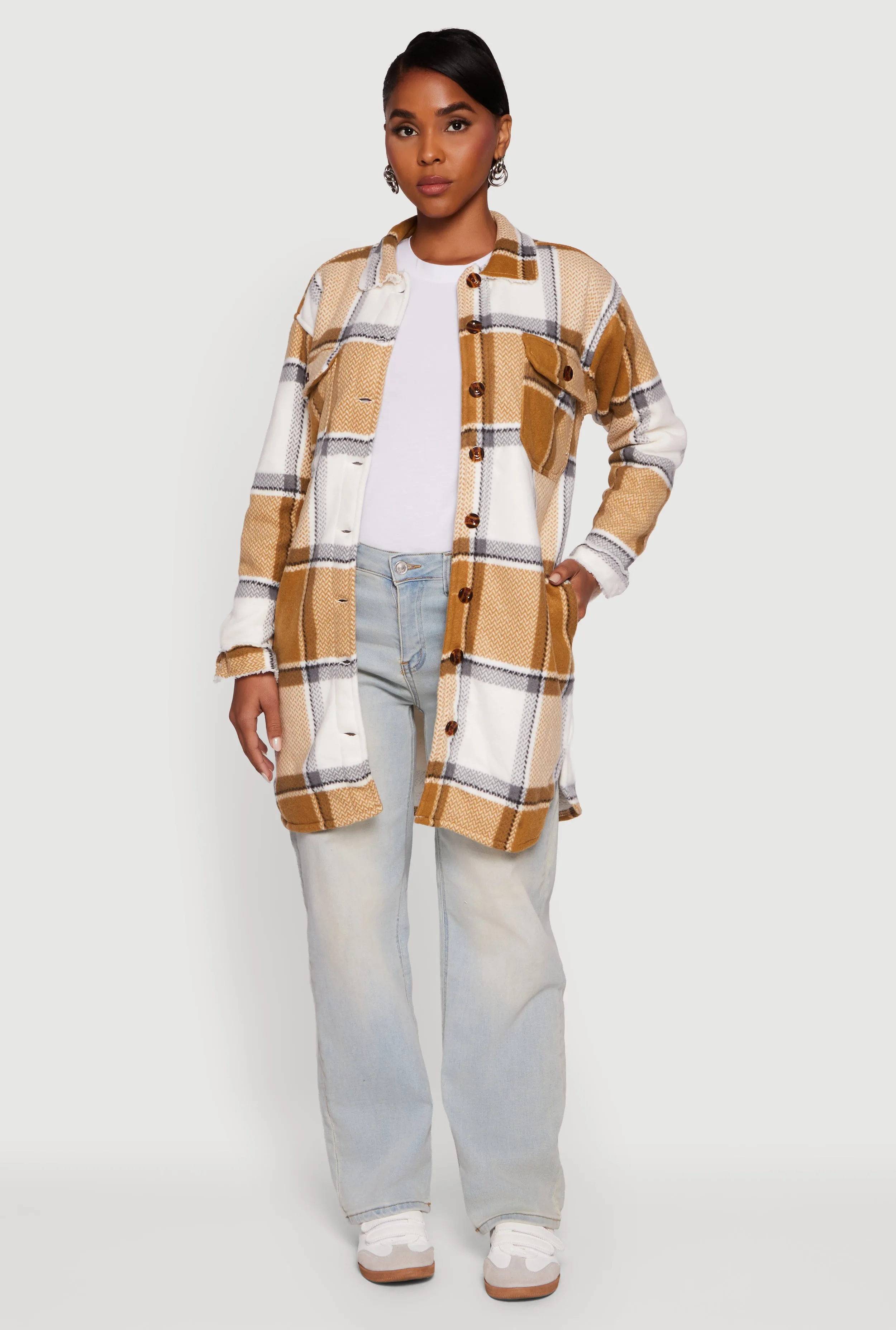 Plaid Sherpa Lined Fleece Button Front Long Shacket sold by Rainbow