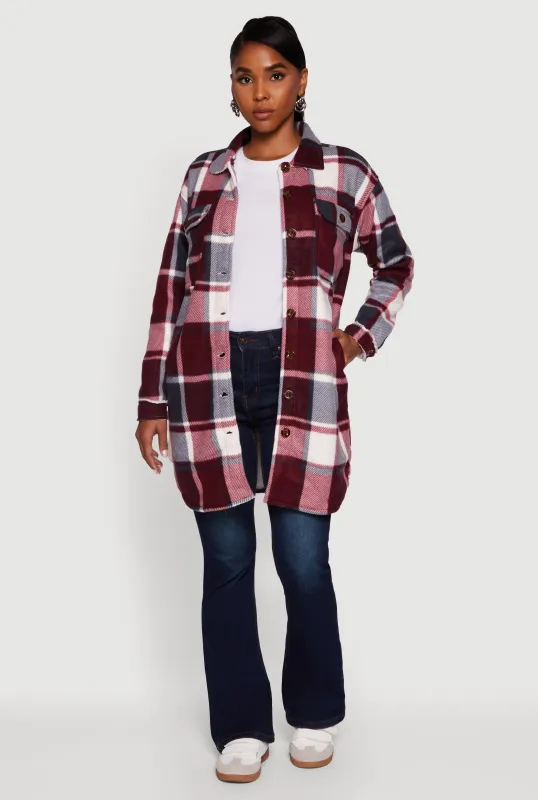 Plaid Sherpa Lined Fleece Button Front Long Shacket sold by Rainbow