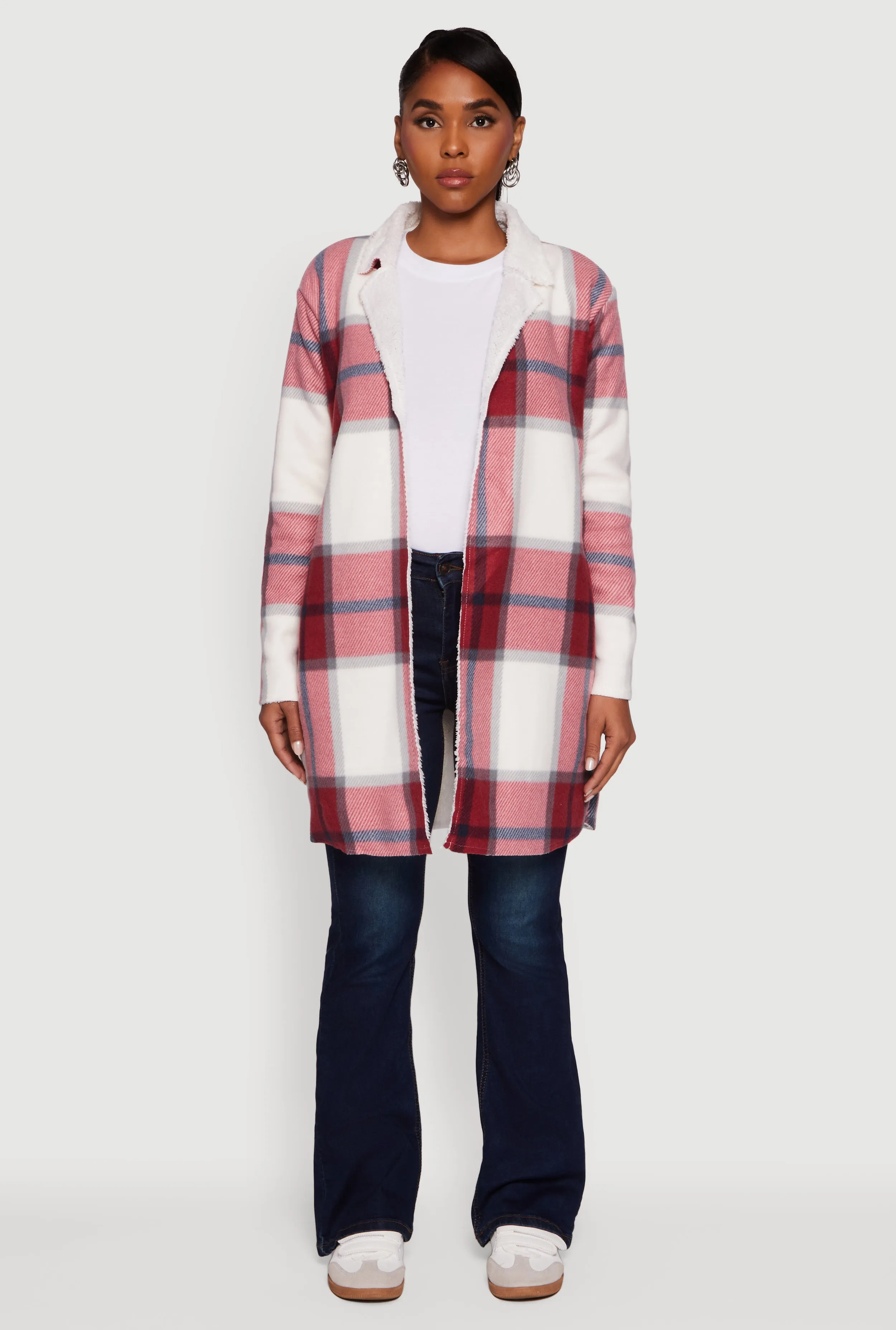 Plaid Sherpa Lined Fleece Collared Open Front Long Jacket sold by Rainbow product image thumbnail 3