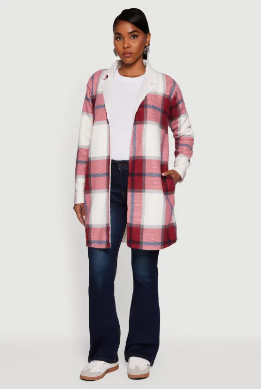 Plaid Sherpa Lined Fleece Collared Open Front Long Jacket sold by Rainbow