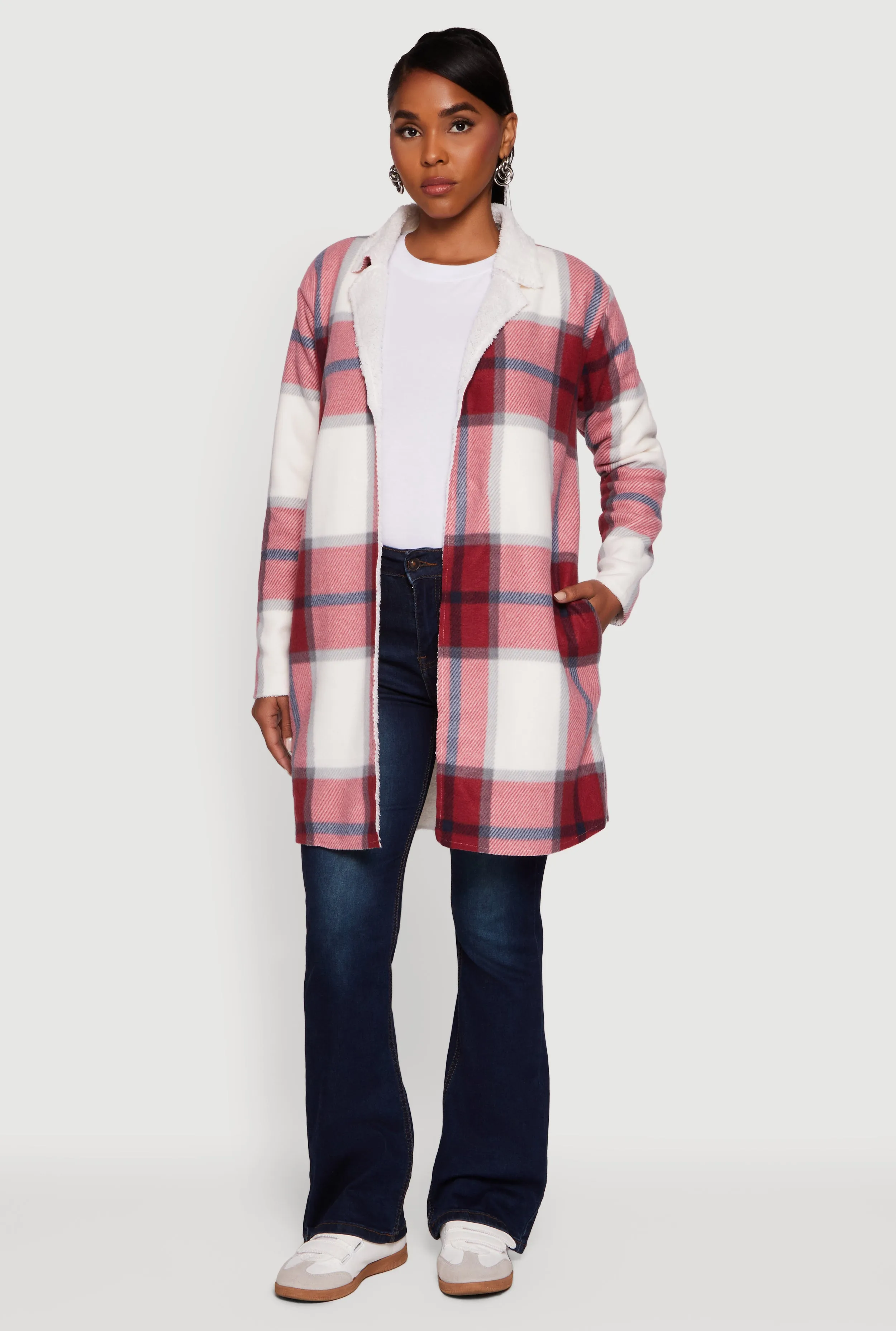 Plaid Sherpa Lined Fleece Collared Open Front Long Jacket sold by Rainbow