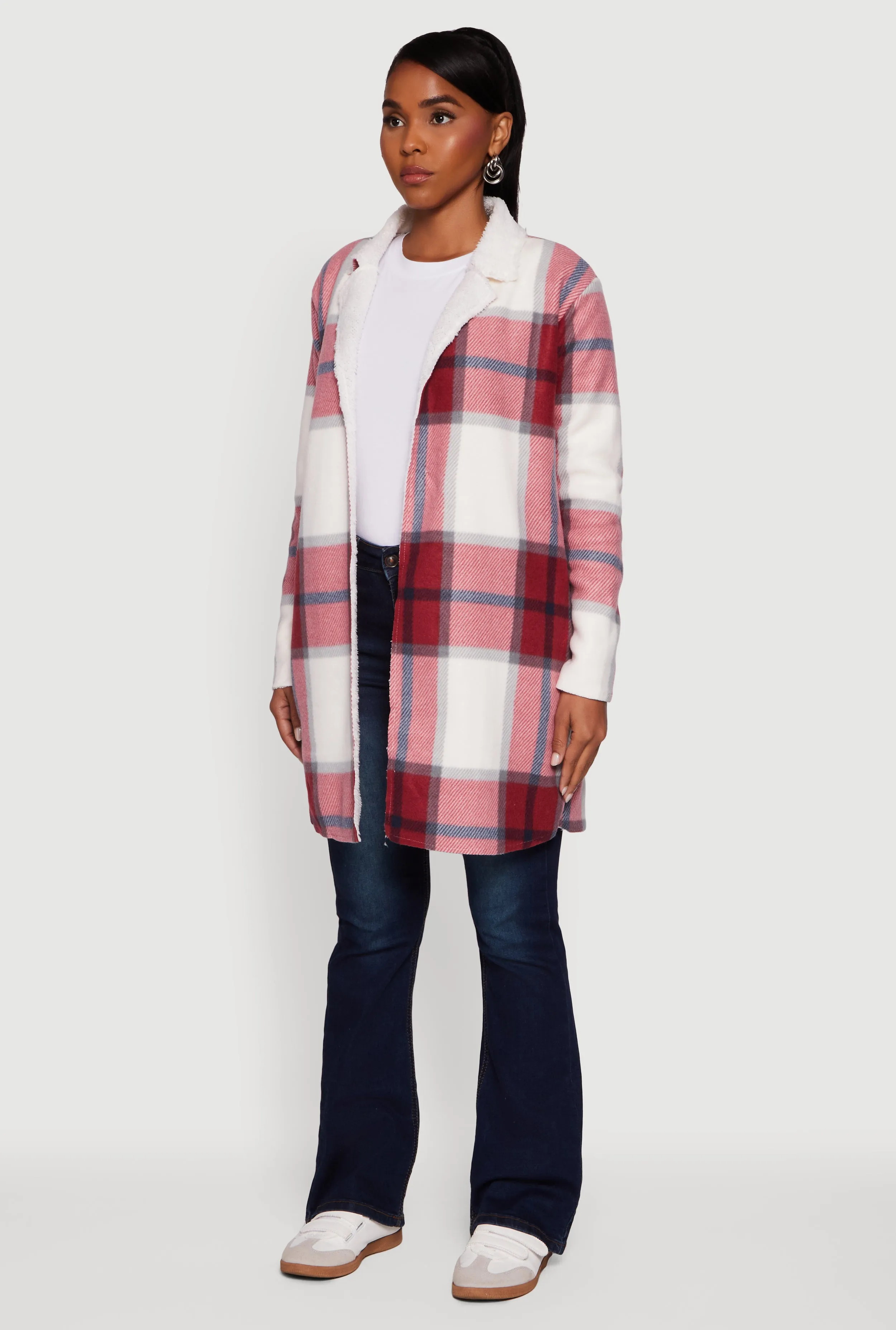 Plaid Sherpa Lined Fleece Collared Open Front Long Jacket sold by Rainbow product image thumbnail 5