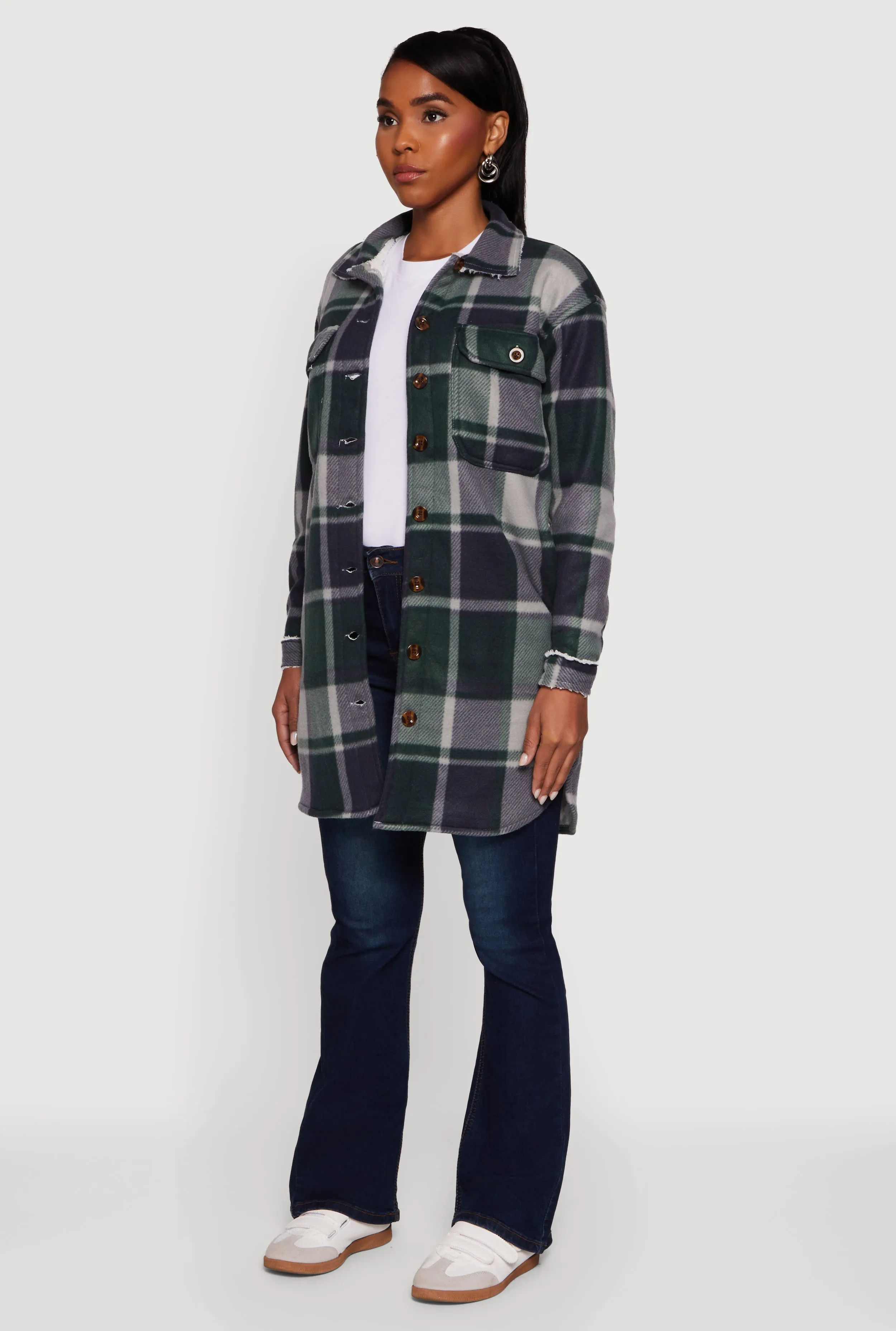 Plaid Sherpa Lined Fleece Button Front Long Shacket sold by Rainbow product image thumbnail 5