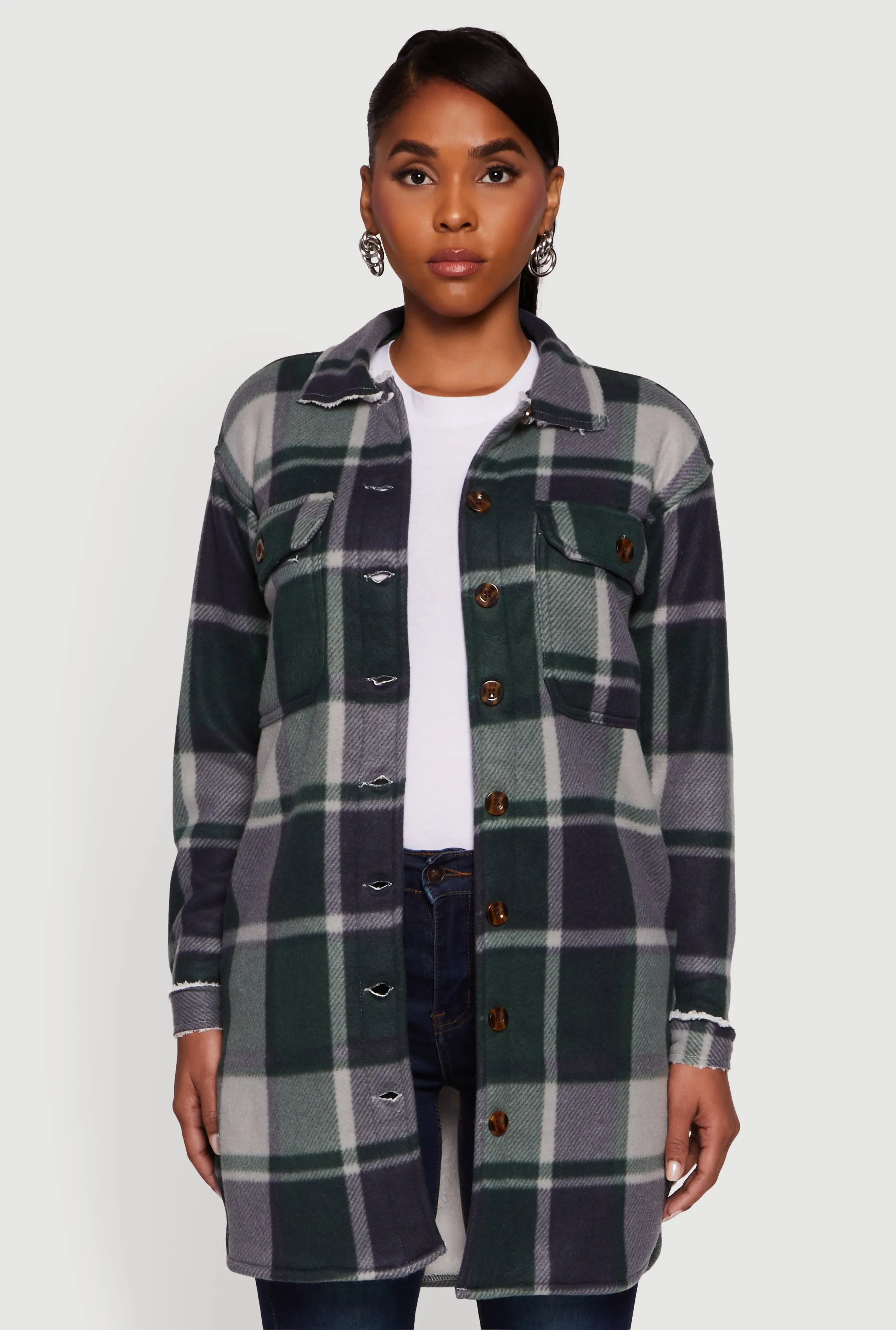 Plaid Sherpa Lined Fleece Button Front Long Shacket sold by Rainbow product image thumbnail 2