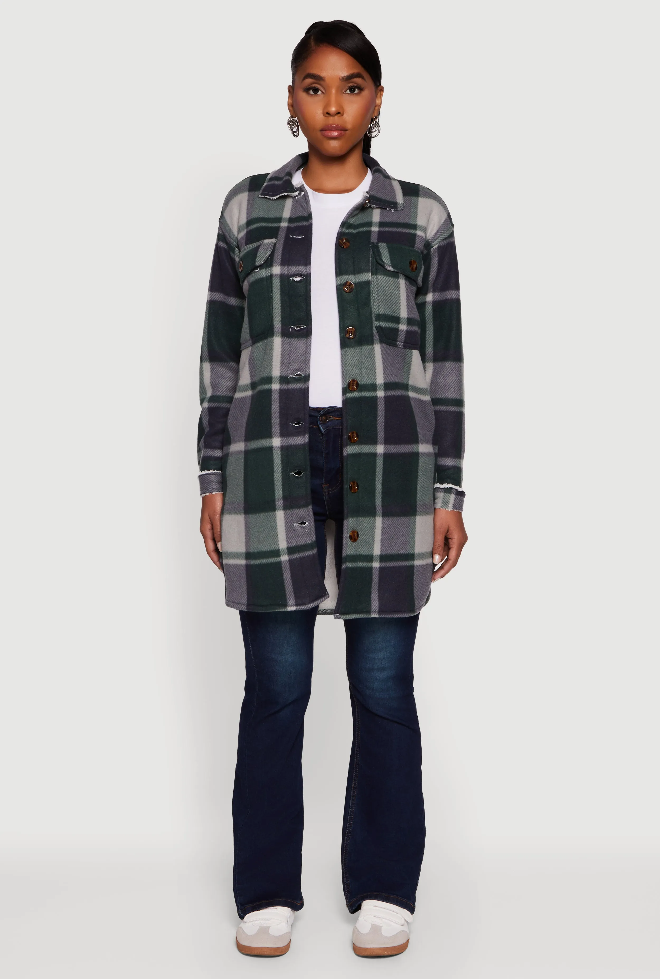 Plaid Sherpa Lined Fleece Button Front Long Shacket sold by Rainbow product image thumbnail 3