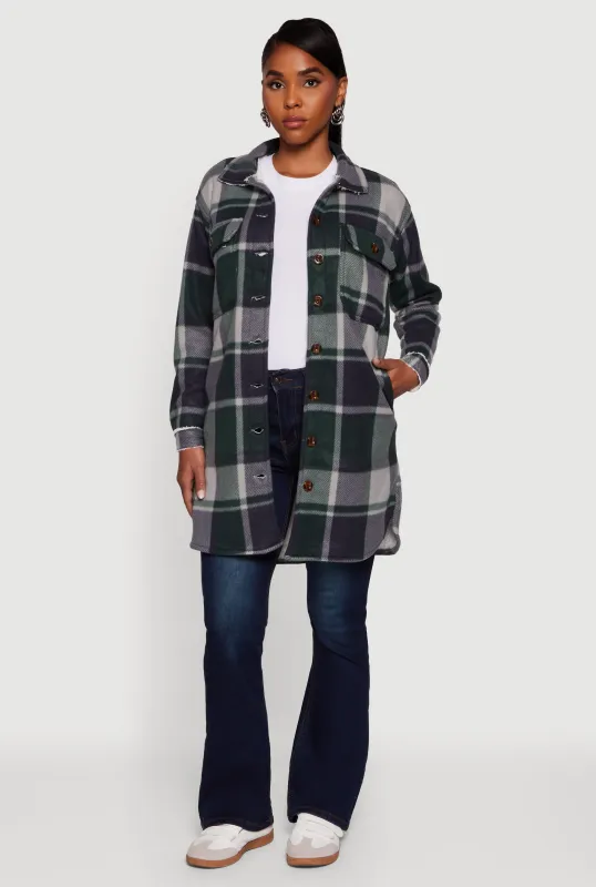 Plaid Sherpa Lined Fleece Button Front Long Shacket sold by Rainbow
