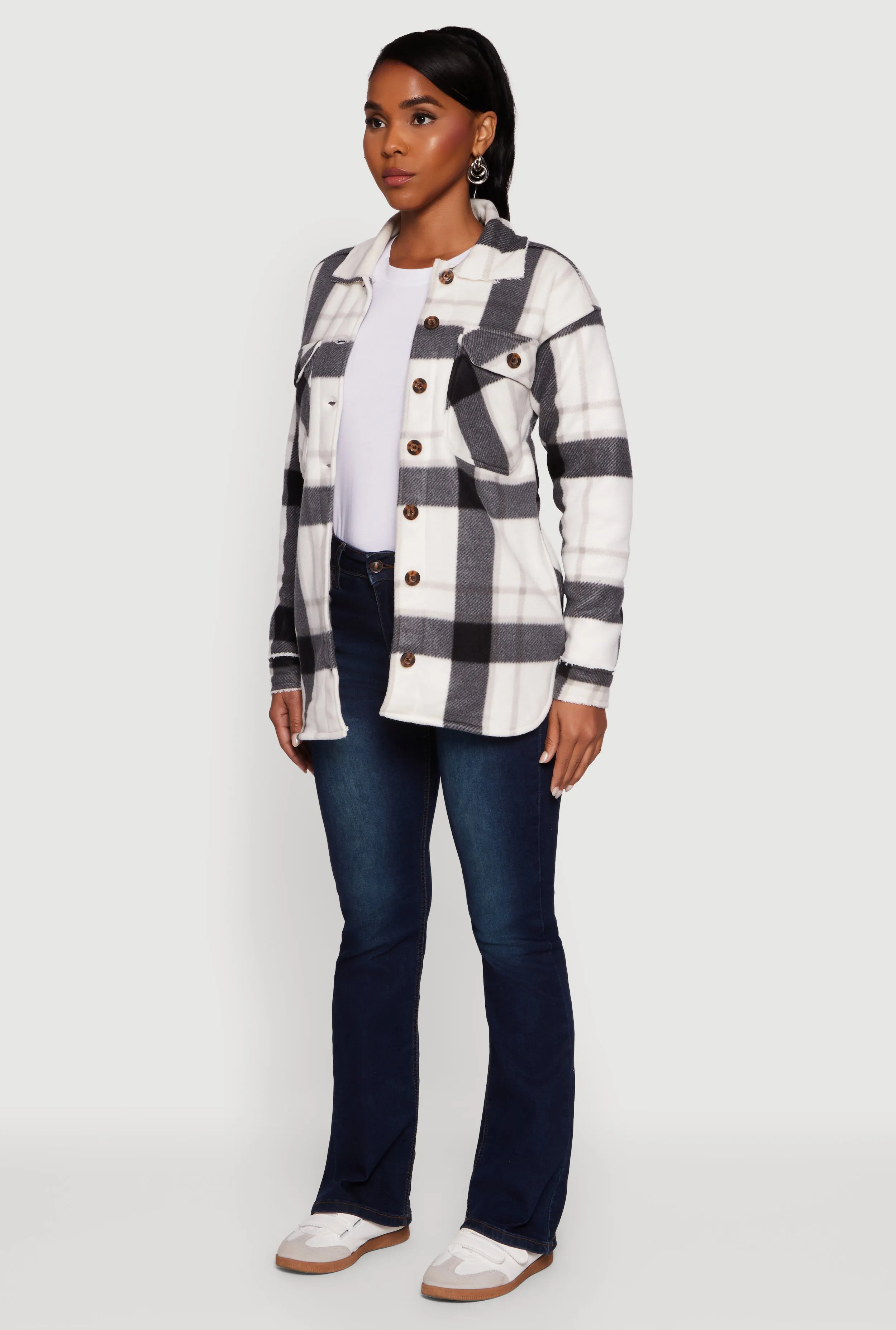 Plaid Sherpa Lined Fleece Long Sleeve Button Front Jacket sold by Rainbow product image thumbnail 5