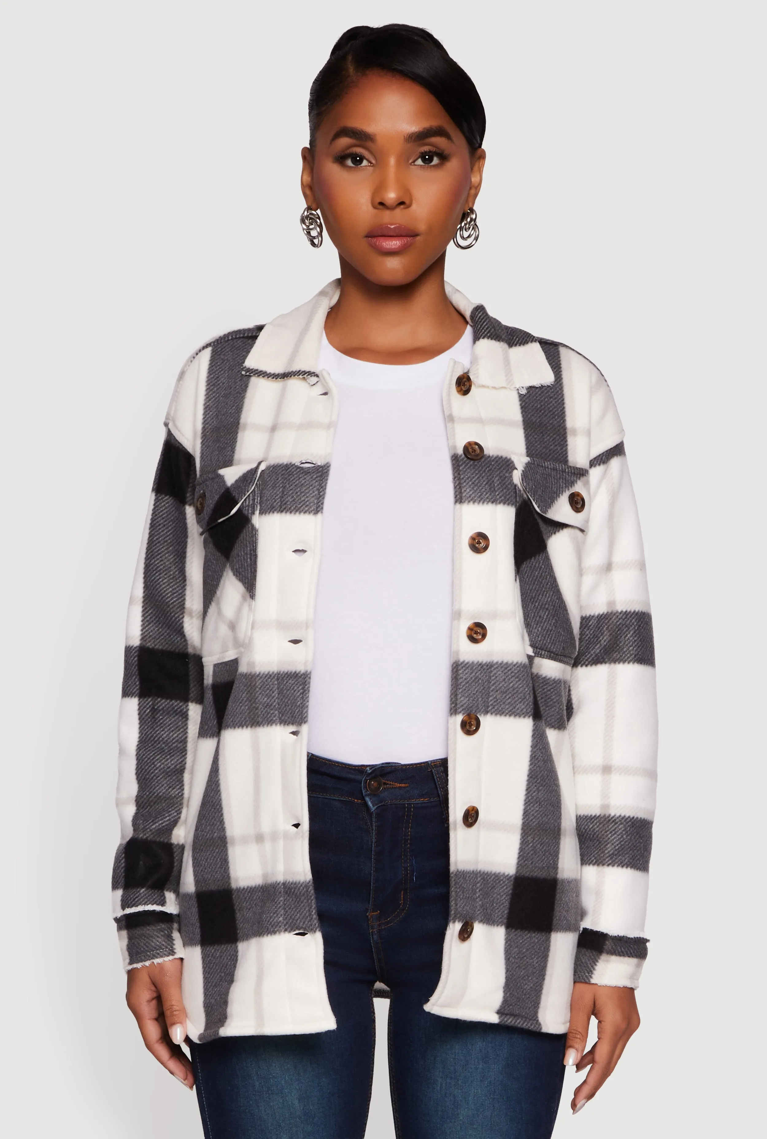 Plaid Sherpa Lined Fleece Long Sleeve Button Front Jacket sold by Rainbow product image thumbnail 2