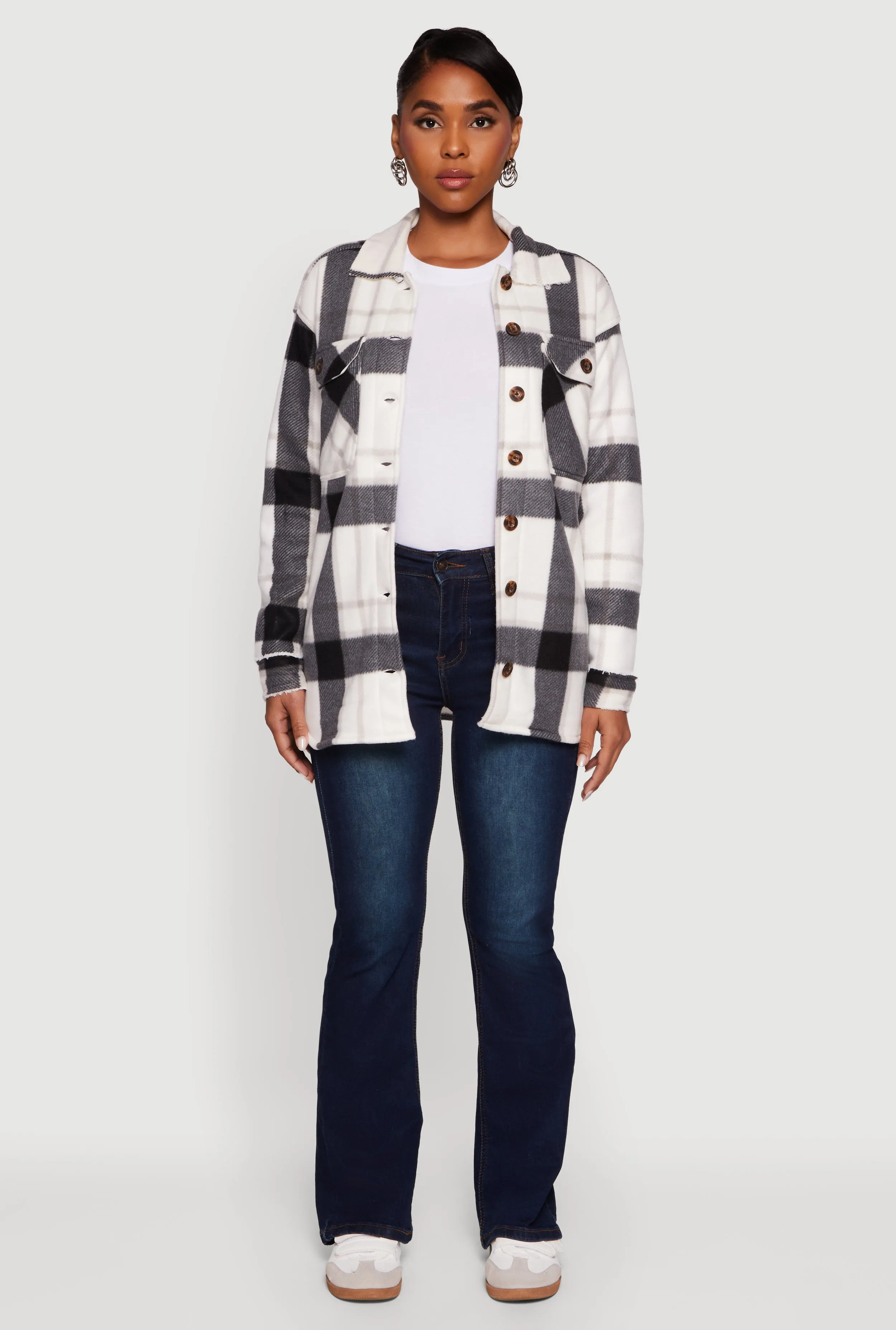 Plaid Sherpa Lined Fleece Long Sleeve Button Front Jacket sold by Rainbow product image thumbnail 3