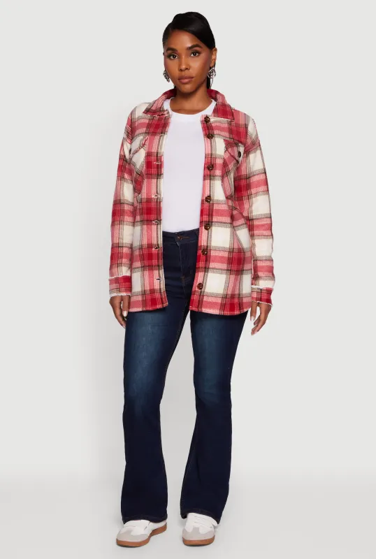 Plaid Sherpa Lined Fleece Long Sleeve Button Front Jacket sold by Rainbow