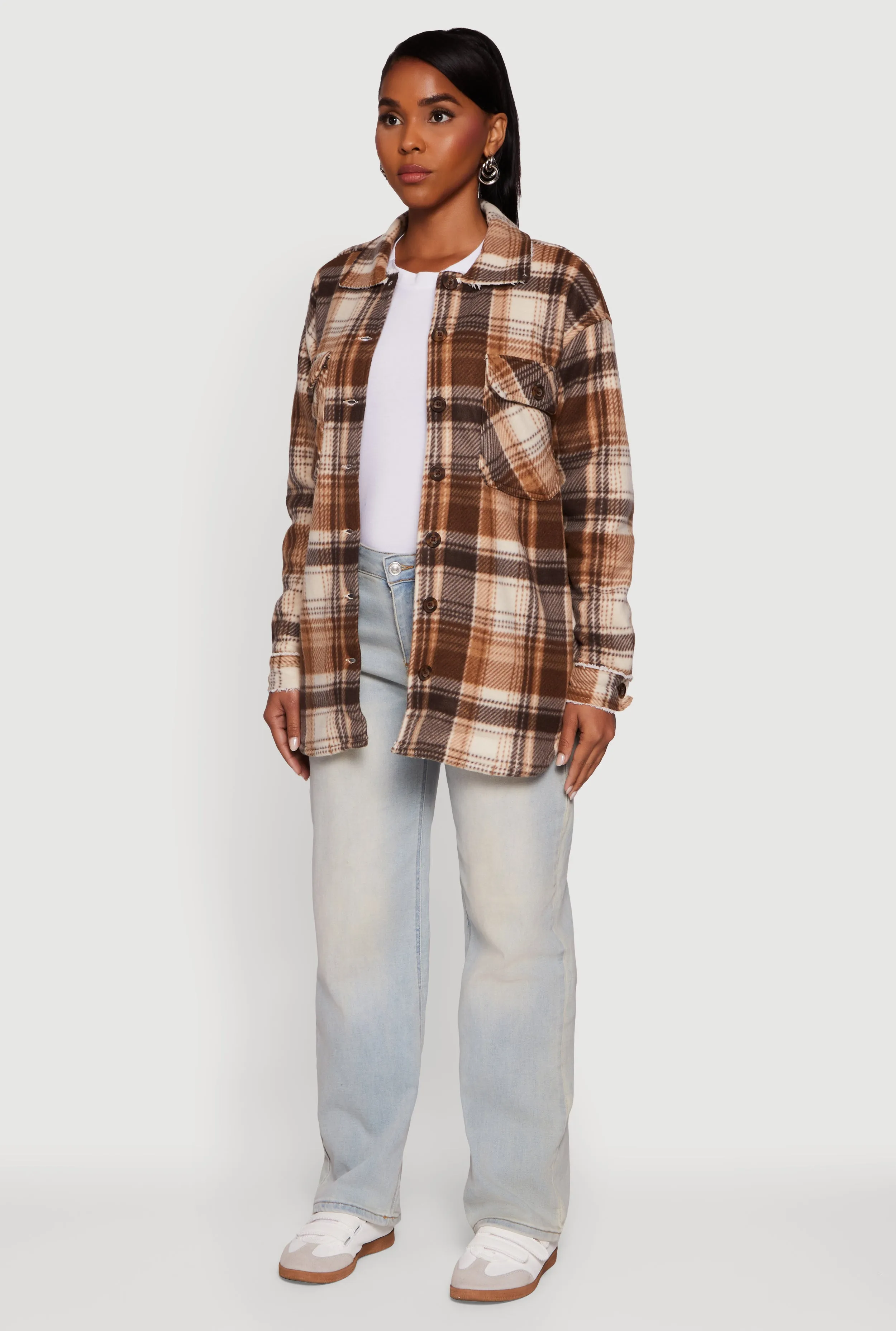 Plaid Sherpa Lined Fleece Long Sleeve Button Front Jacket sold by Rainbow product image thumbnail 5
