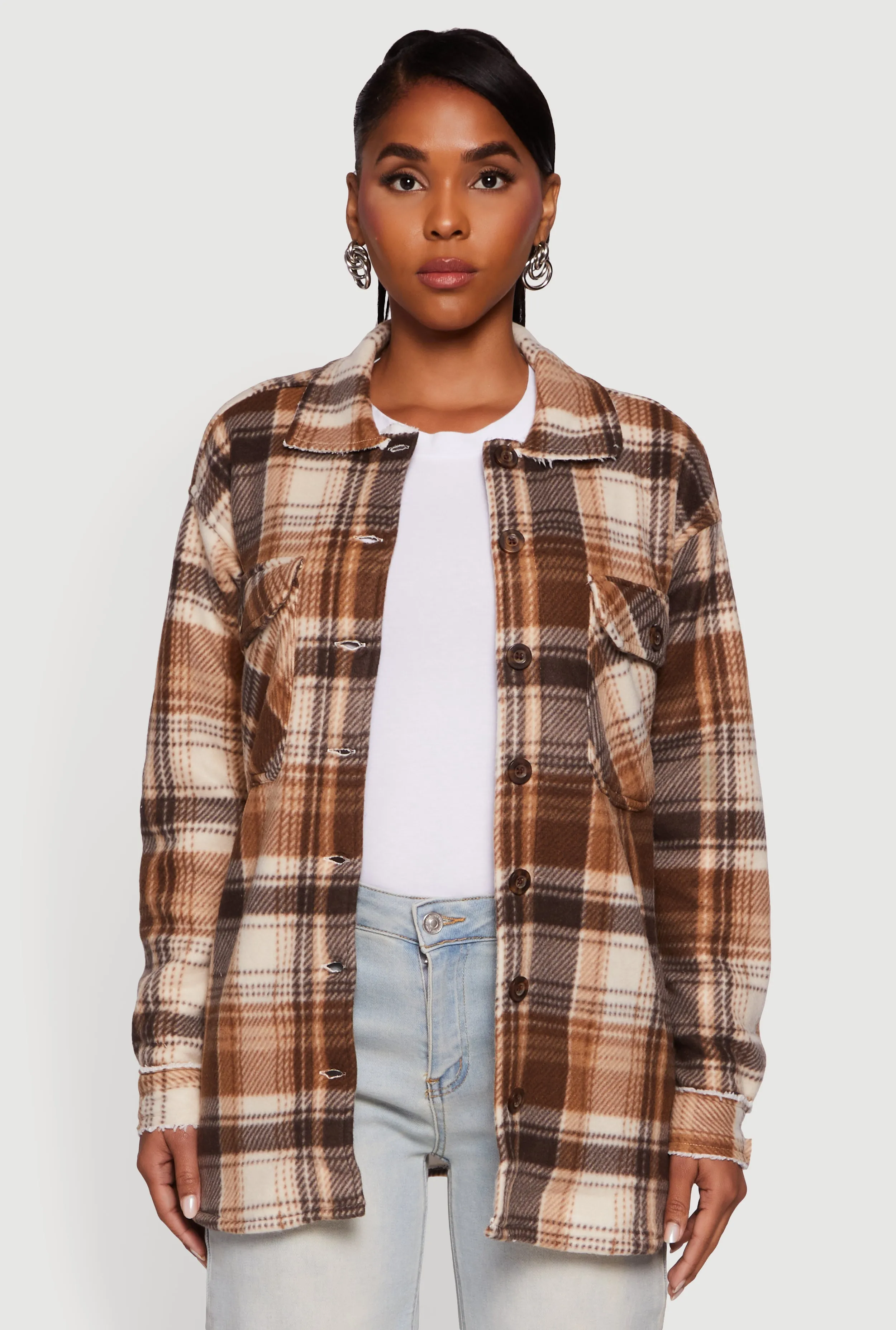 Plaid Sherpa Lined Fleece Long Sleeve Button Front Jacket sold by Rainbow product image thumbnail 2
