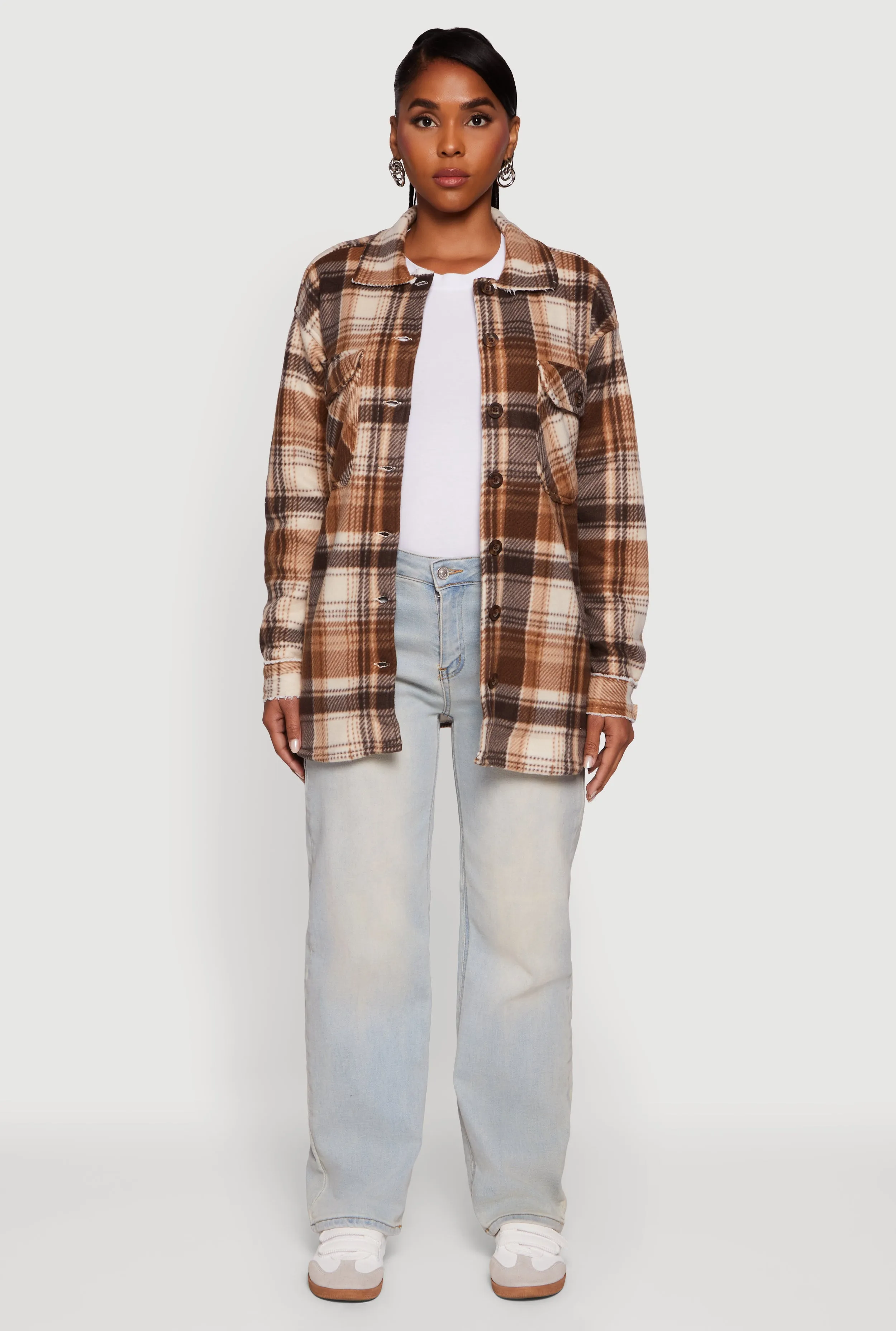 Plaid Sherpa Lined Fleece Long Sleeve Button Front Jacket sold by Rainbow product image thumbnail 3