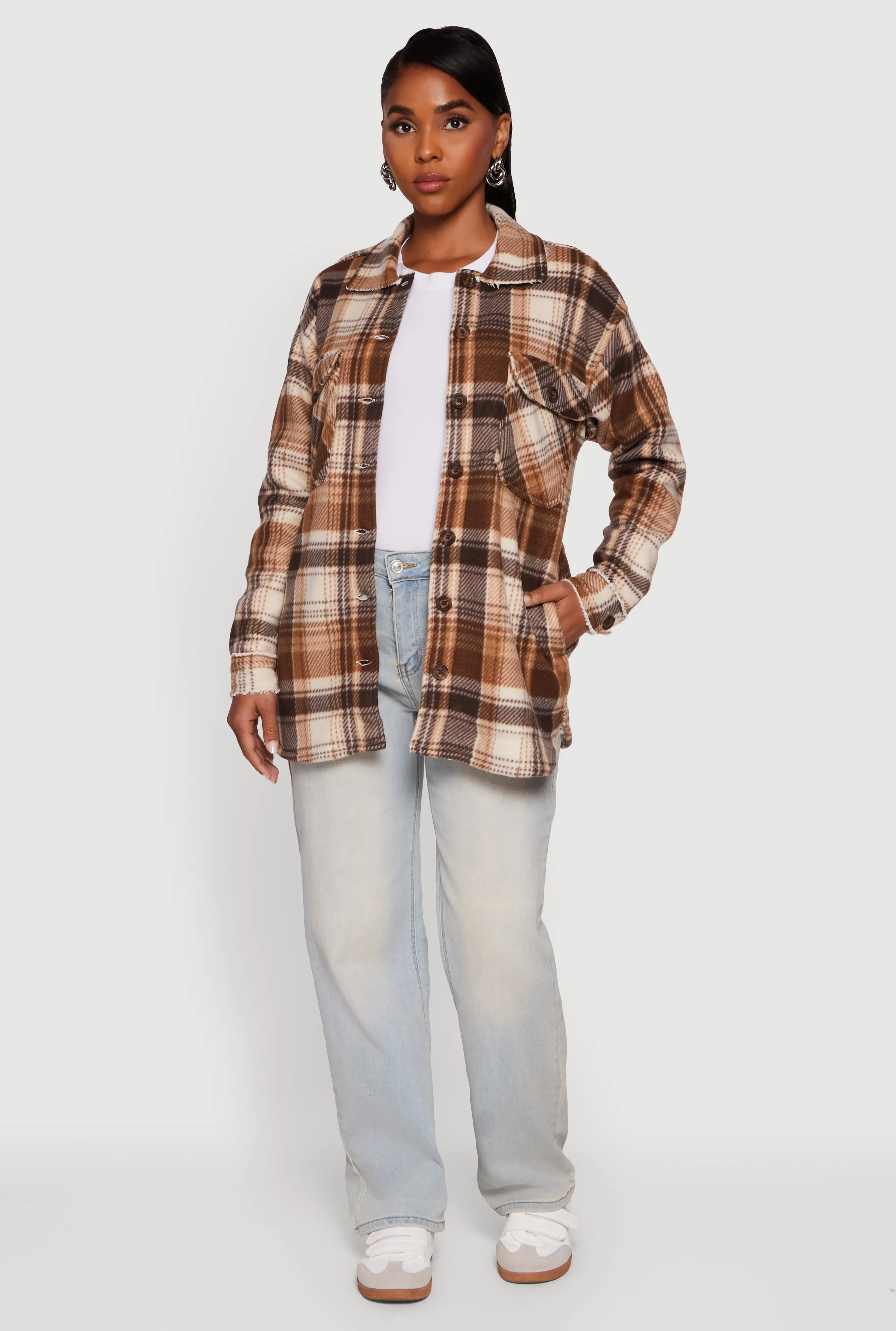 Plaid Sherpa Lined Fleece Long Sleeve Button Front Jacket sold by Rainbow