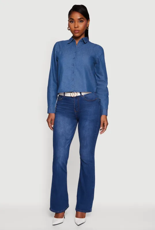 Denim Ruched Long Sleeve Button Front Shirt sold by Rainbow