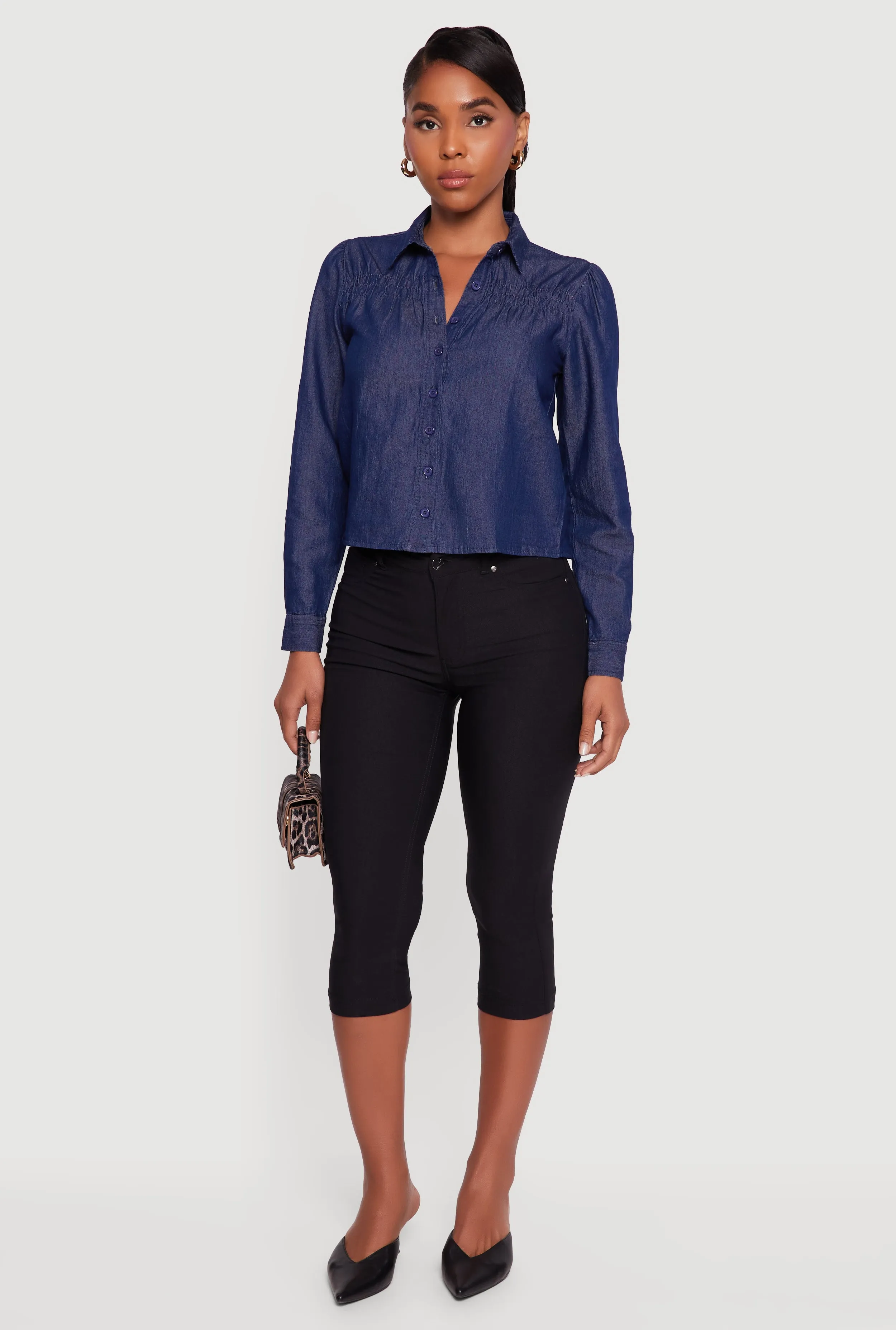 Denim Ruched Long Sleeve Button Front Shirt sold by Rainbow product image thumbnail 2