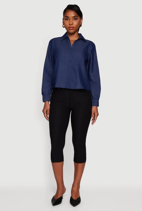 Denim Patch Pocket Long Sleeve Button Front Shirt sold by Rainbow