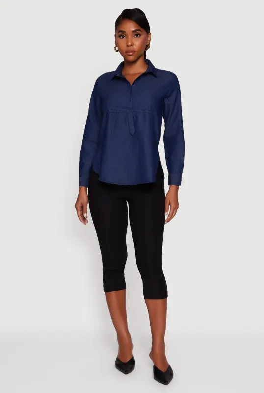 Denim Long Sleeve Half Button Front Blouse sold by Rainbow
