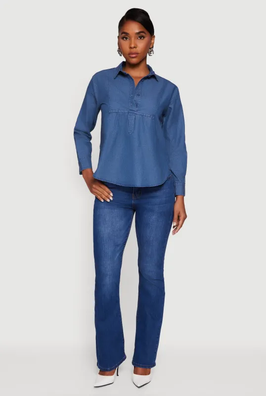 Denim Long Sleeve Half Button Front Blouse sold by Rainbow