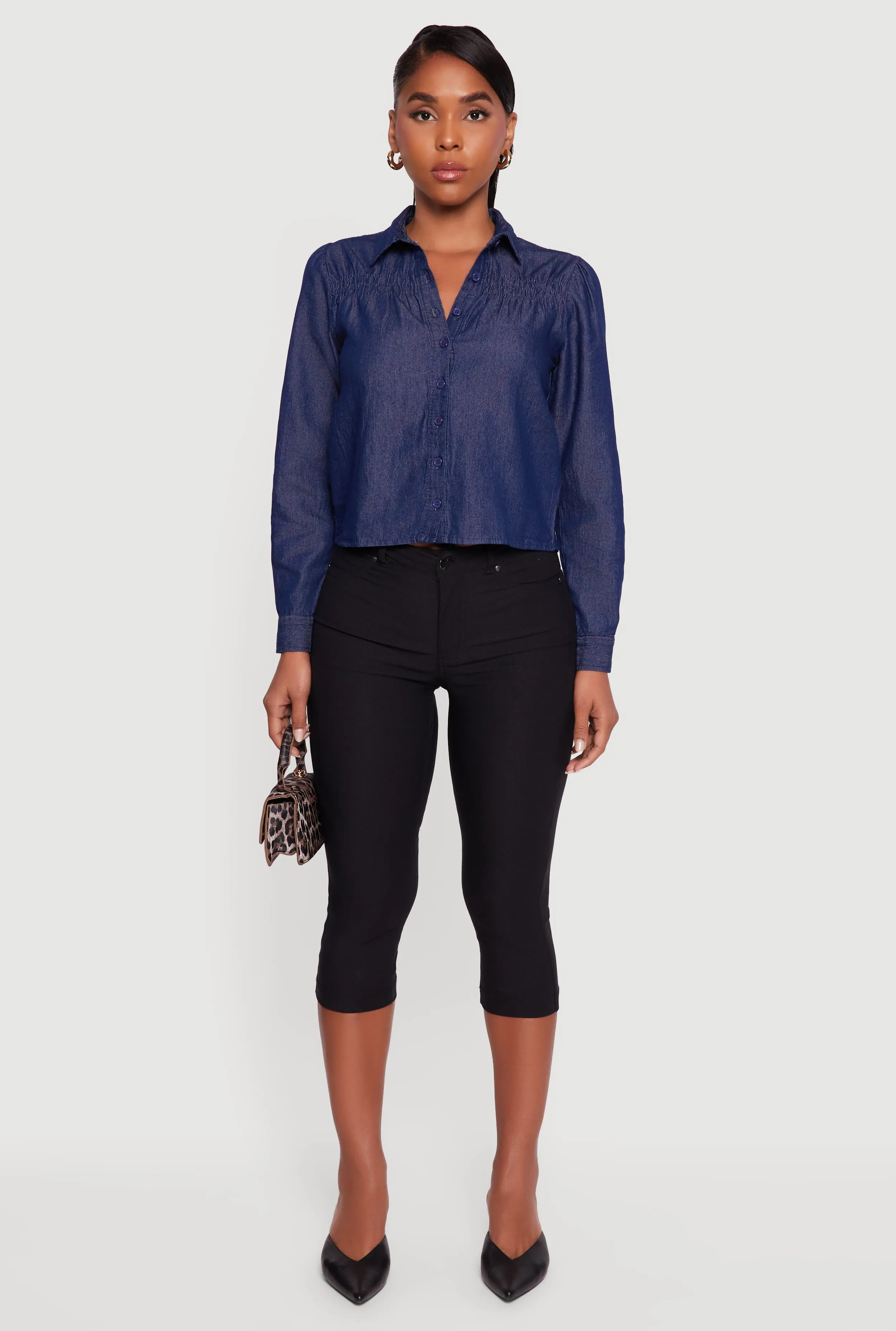 Denim Ruched Long Sleeve Button Front Shirt sold by Rainbow product image thumbnail 3