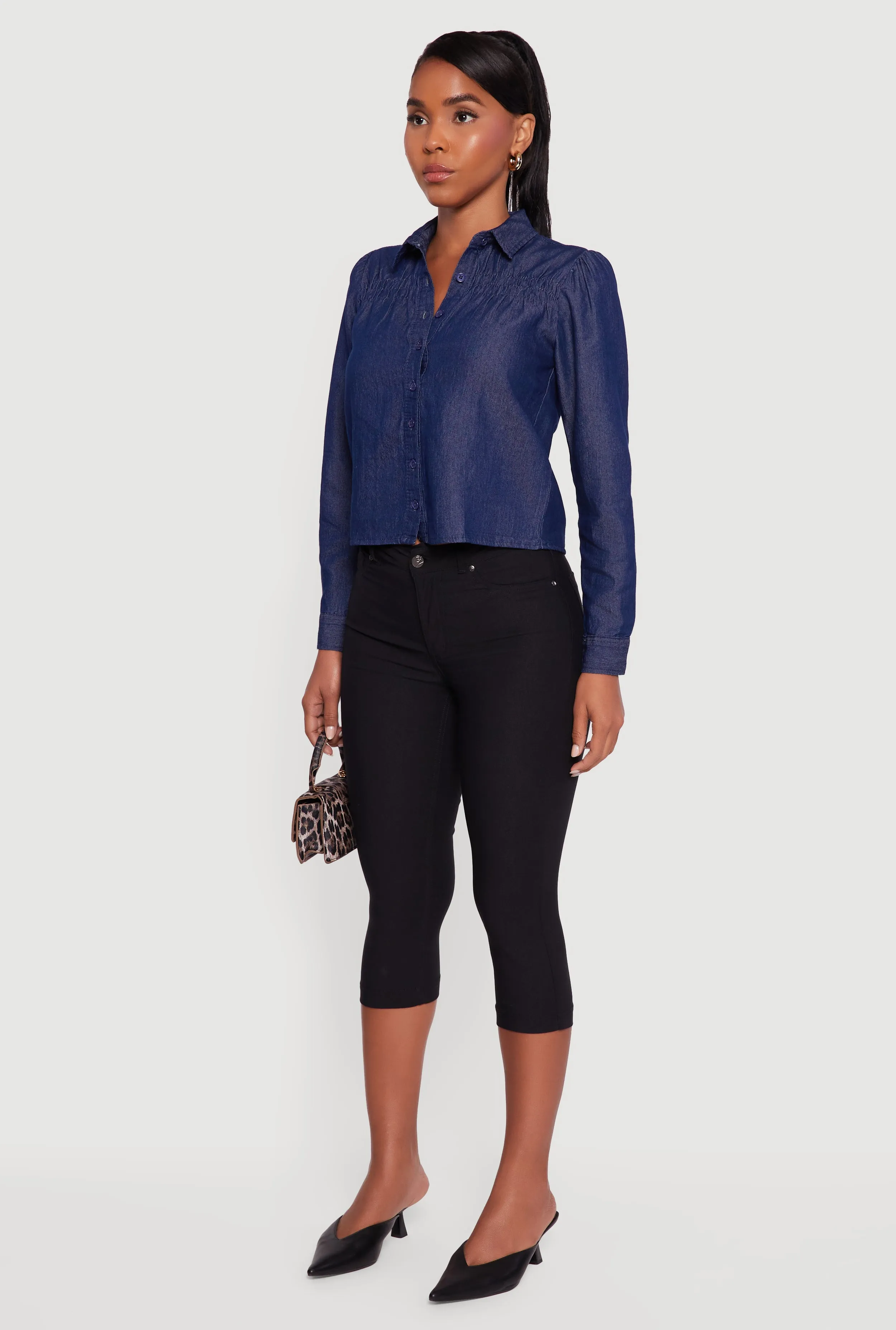 Denim Ruched Long Sleeve Button Front Shirt sold by Rainbow product image thumbnail 5