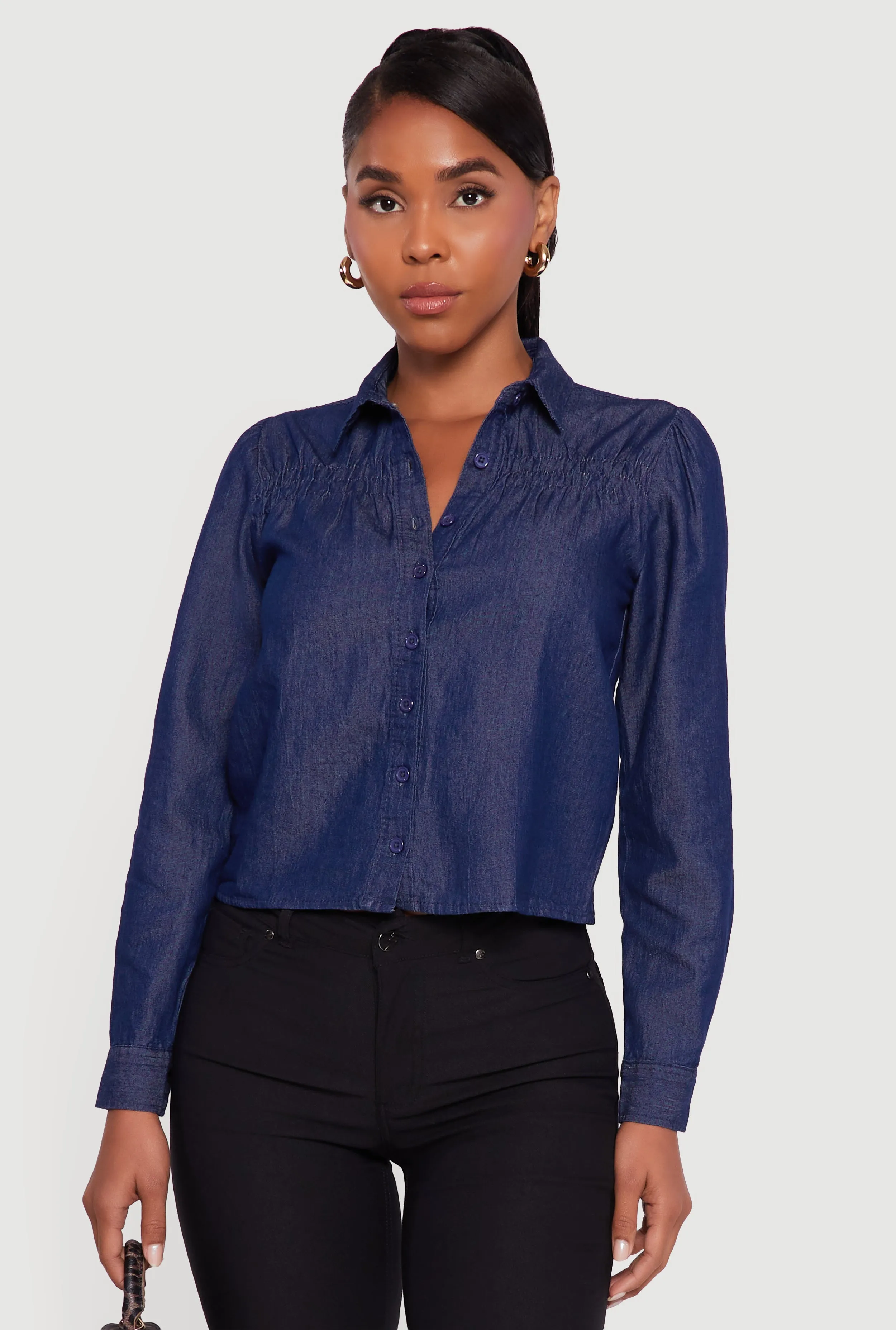 Denim Ruched Long Sleeve Button Front Shirt sold by Rainbow product image thumbnail 2
