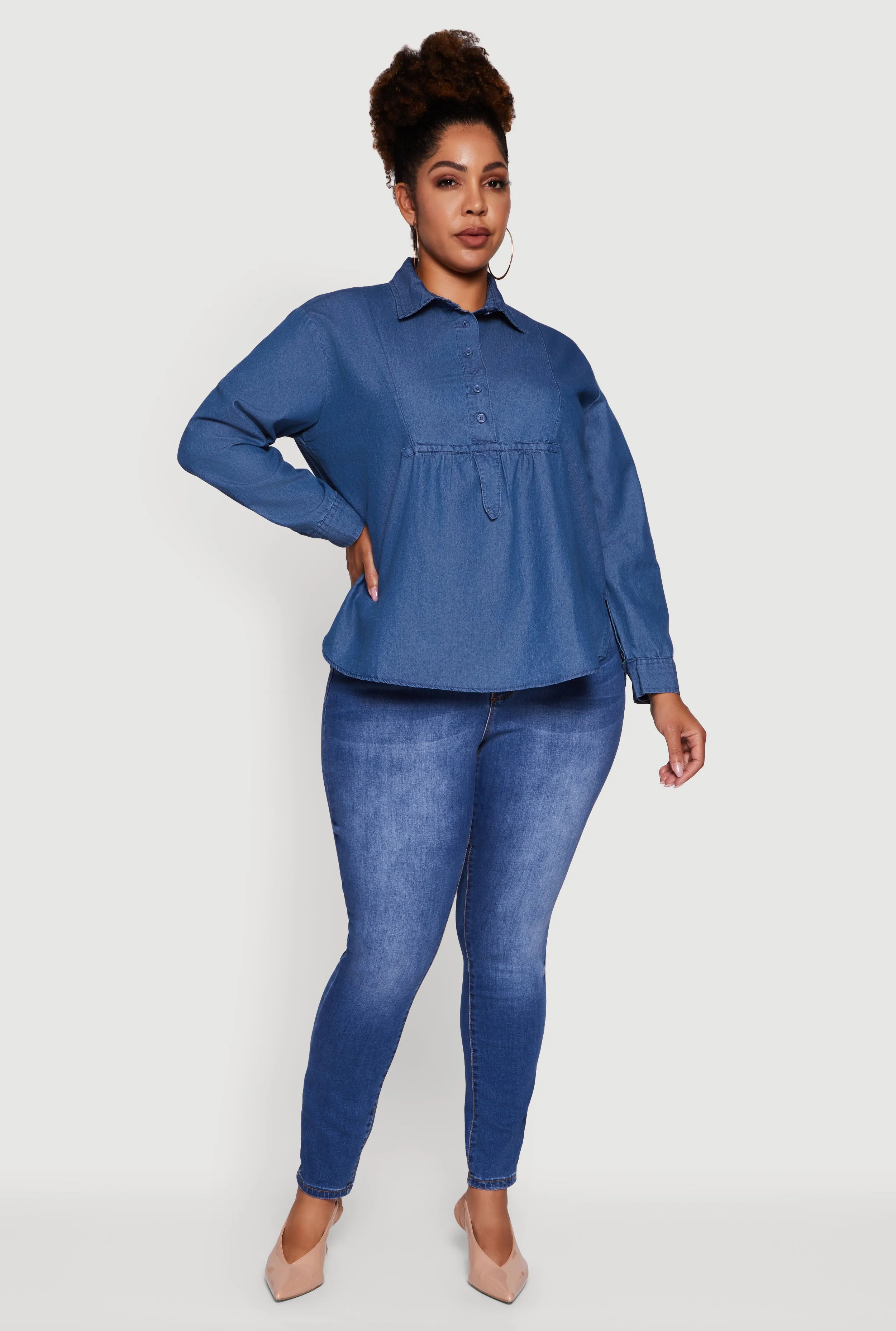 Plus Size Denim Long Sleeve Half Button Front Blouse sold by Rainbow