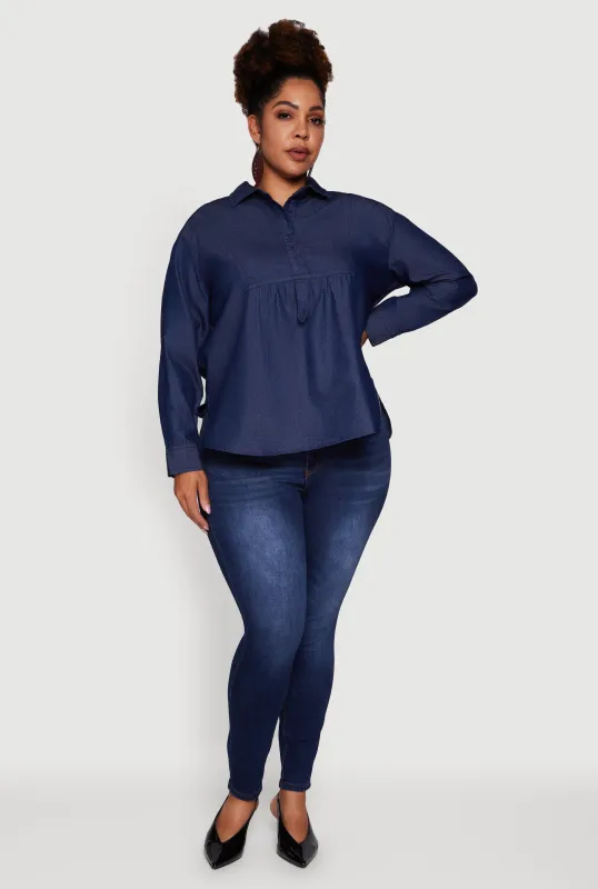 Plus Size Denim Long Sleeve Half Button Front Blouse sold by Rainbow