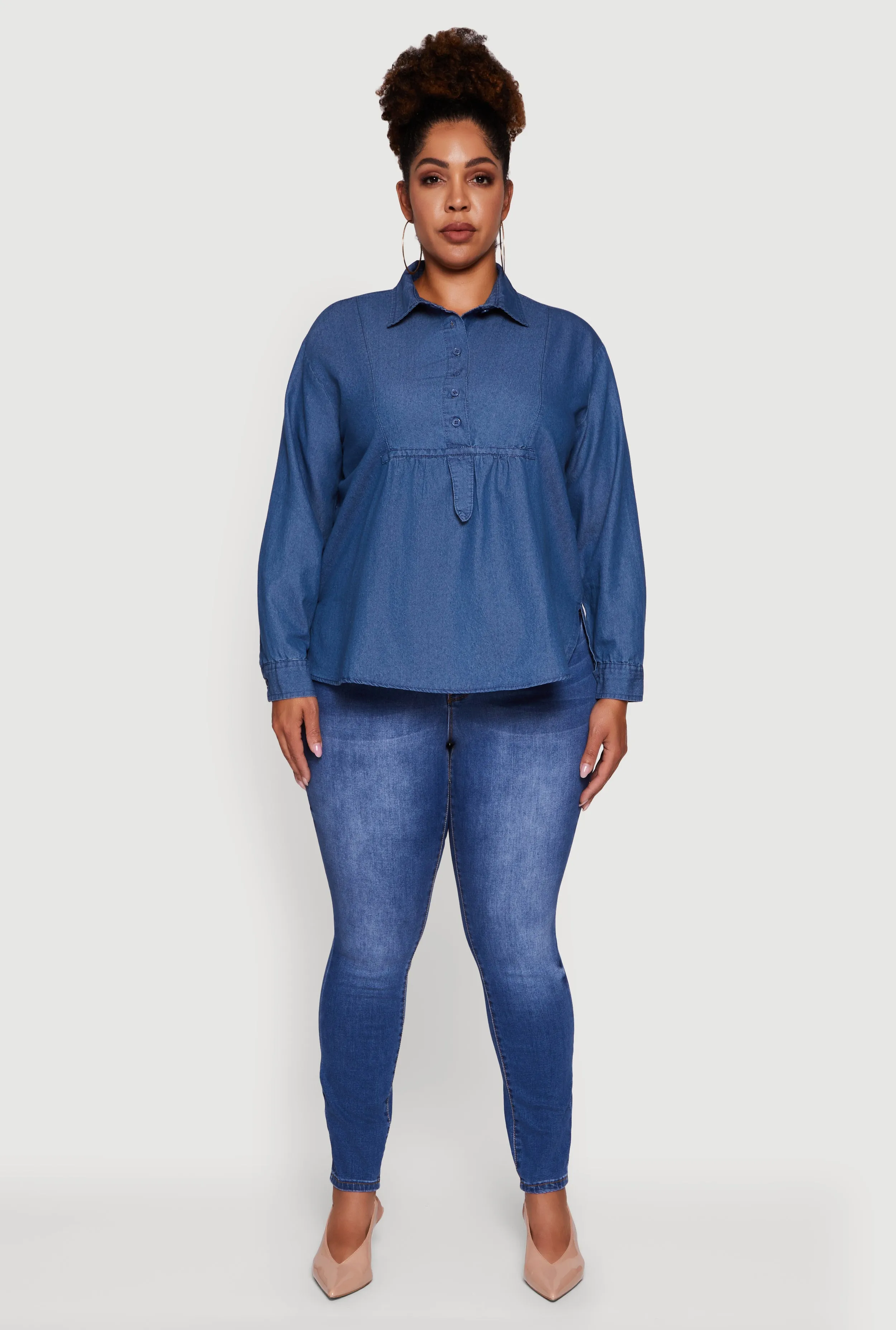 Plus Size Denim Long Sleeve Half Button Front Blouse sold by Rainbow product image thumbnail 3