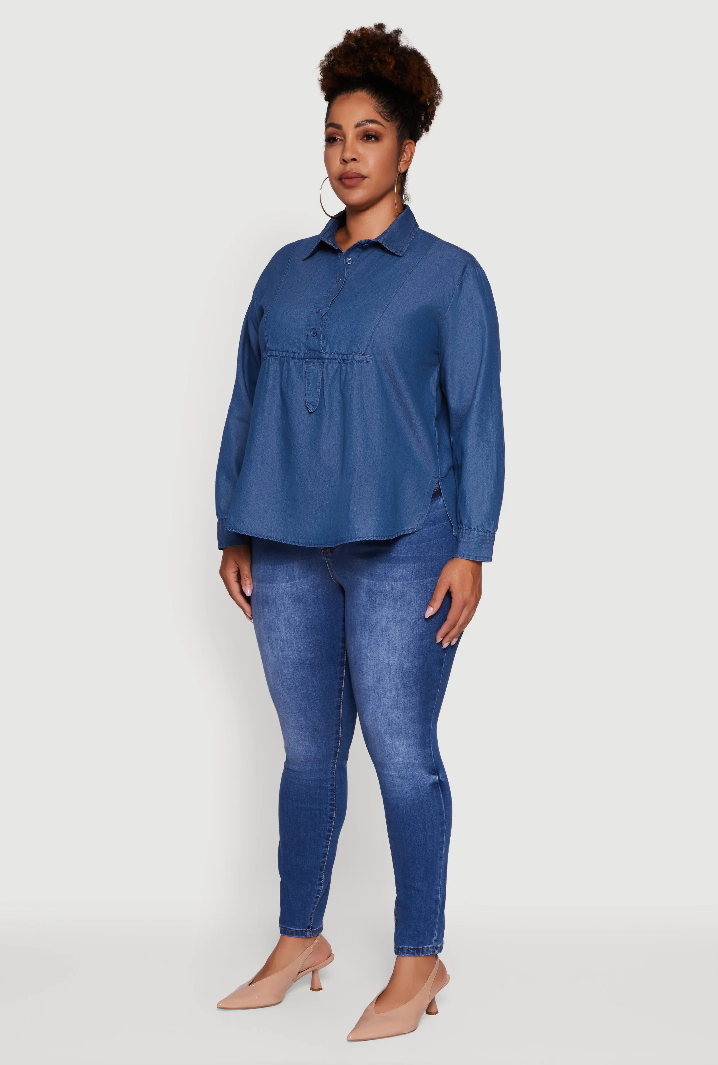 Plus Size Denim Long Sleeve Half Button Front Blouse sold by Rainbow product image thumbnail 5