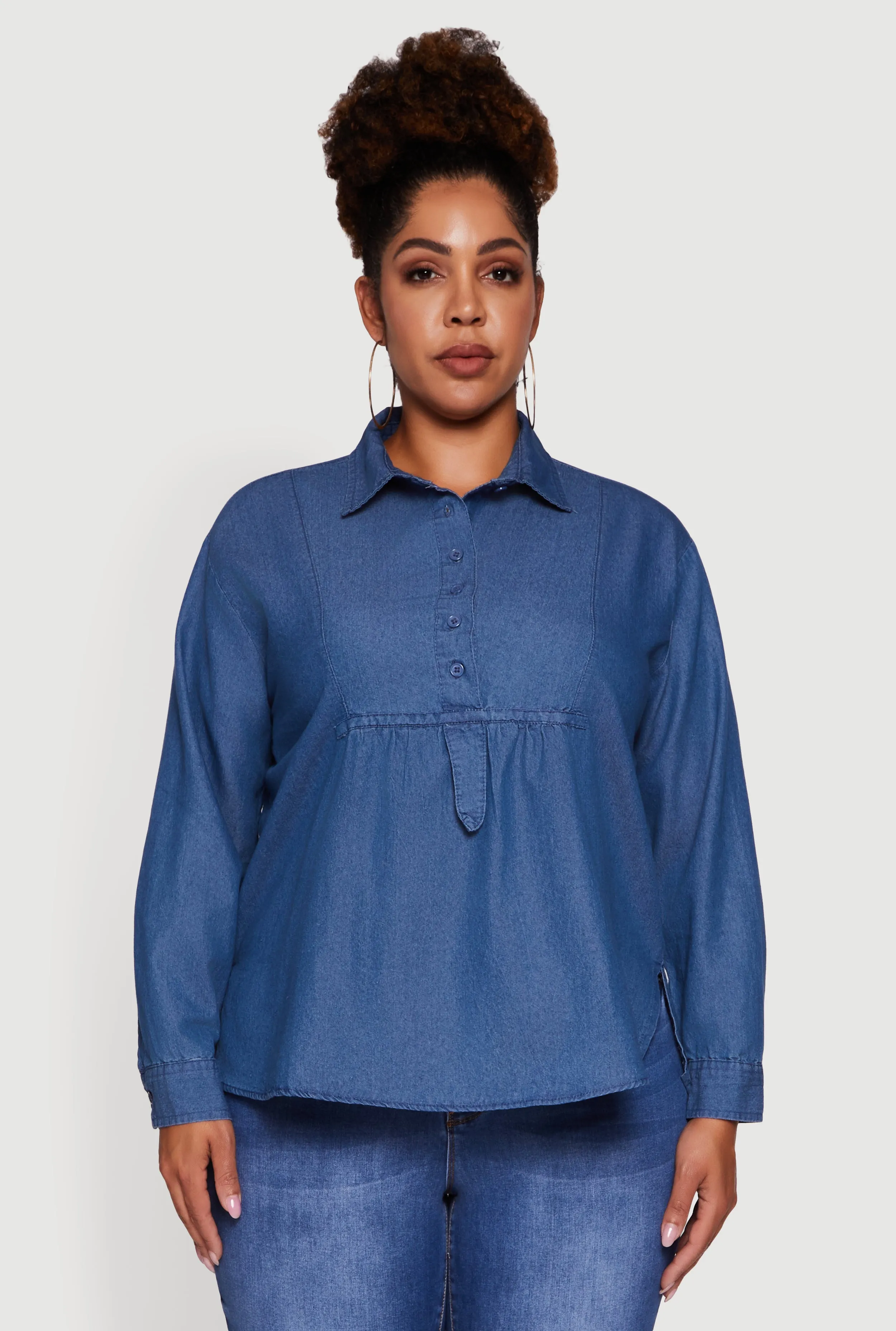Plus Size Denim Long Sleeve Half Button Front Blouse sold by Rainbow product image thumbnail 2