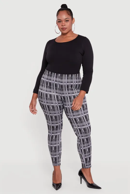 Plus Size High Waisted Plaid Skinny Pull On Pants sold by Rainbow
