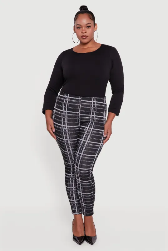Plus Size High Waisted Skinny Pull On Plaid Pants sold by Rainbow