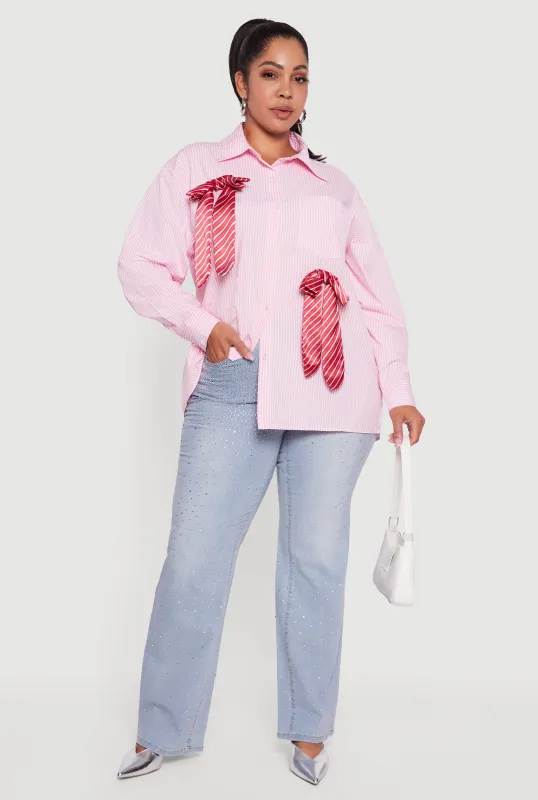 Plus Size Striped Bow Detail Button Down Shirt sold by Rainbow