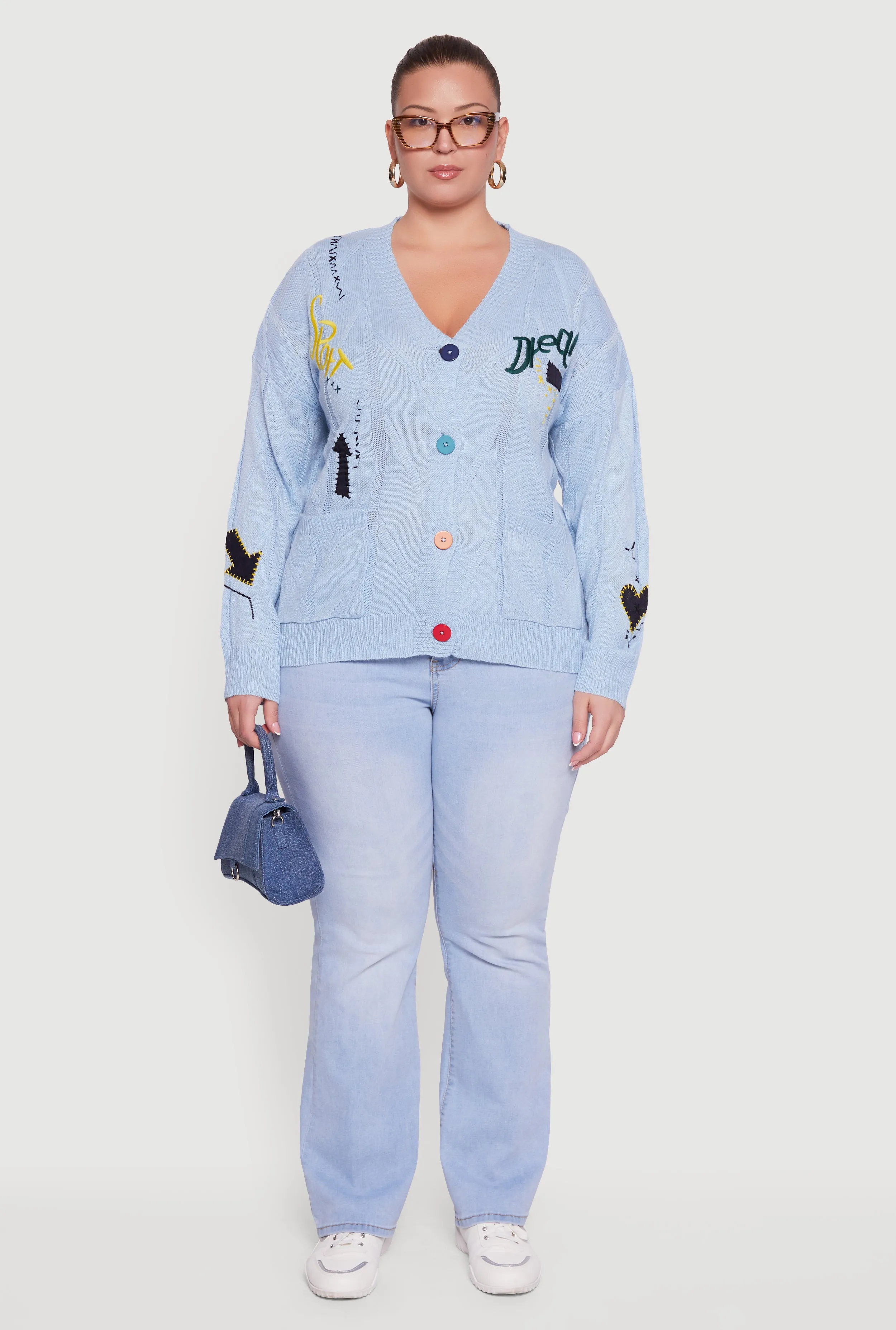 Plus Size Embroidered Patch Button Front Cardigan sold by Rainbow product image thumbnail 3