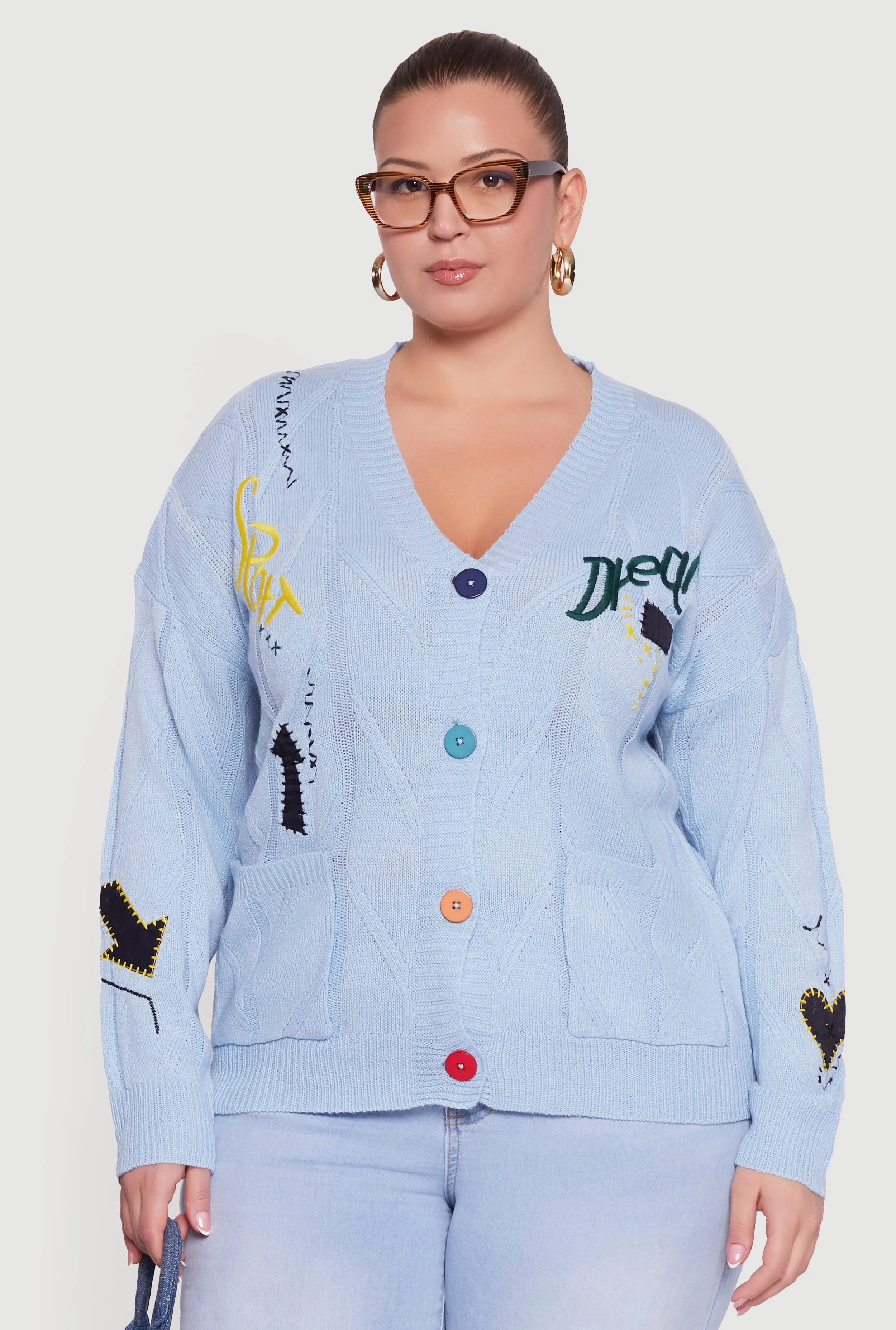 Plus Size Embroidered Patch Button Front Cardigan sold by Rainbow product image thumbnail 2