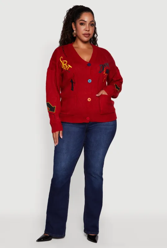 Plus Size Embroidered Patch Button Front Cardigan sold by Rainbow