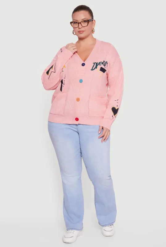 Plus Size Embroidered Patch Button Front Cardigan sold by Rainbow