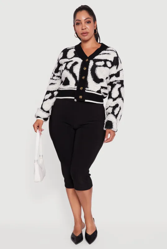 Plus Size Tufted Knit Cropped Button Front Cardigan sold by Rainbow