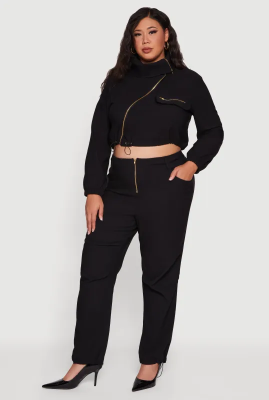 Plus Size Hyper Stretch Exposed Zip Drawstring Hem Pants sold by Rainbow