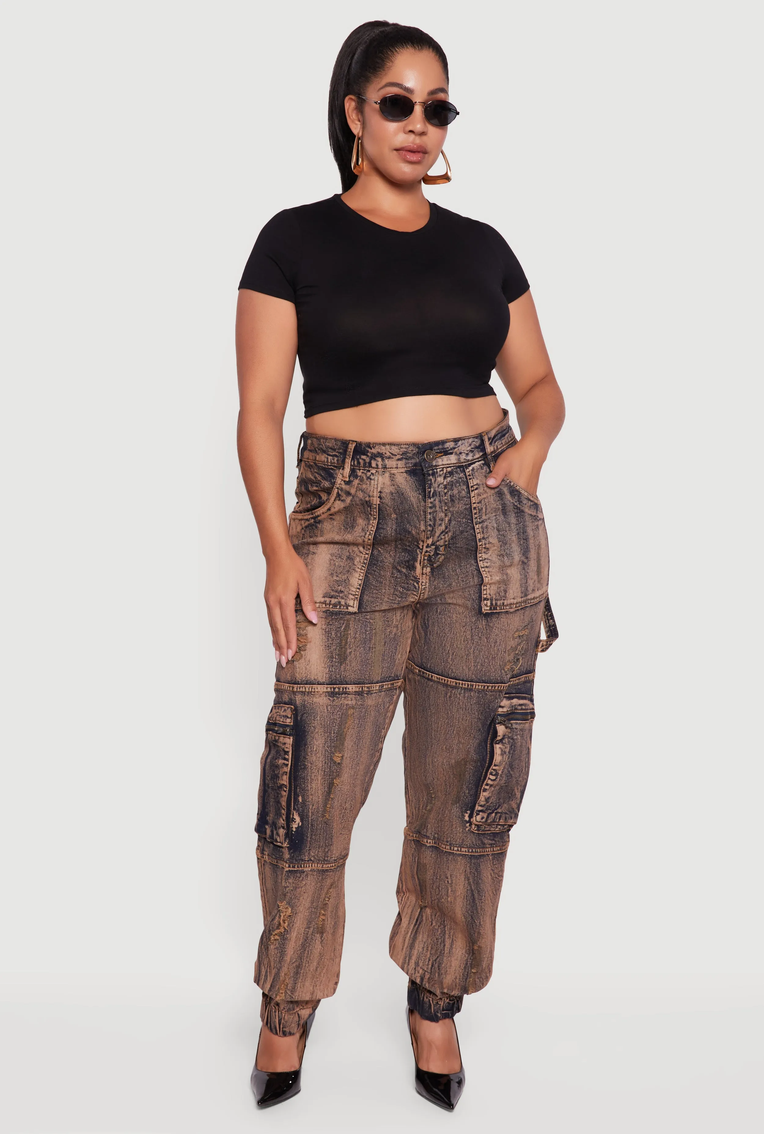 Plus Size Acid Wash Distressed Denim Cargo Joggers sold by Rainbow