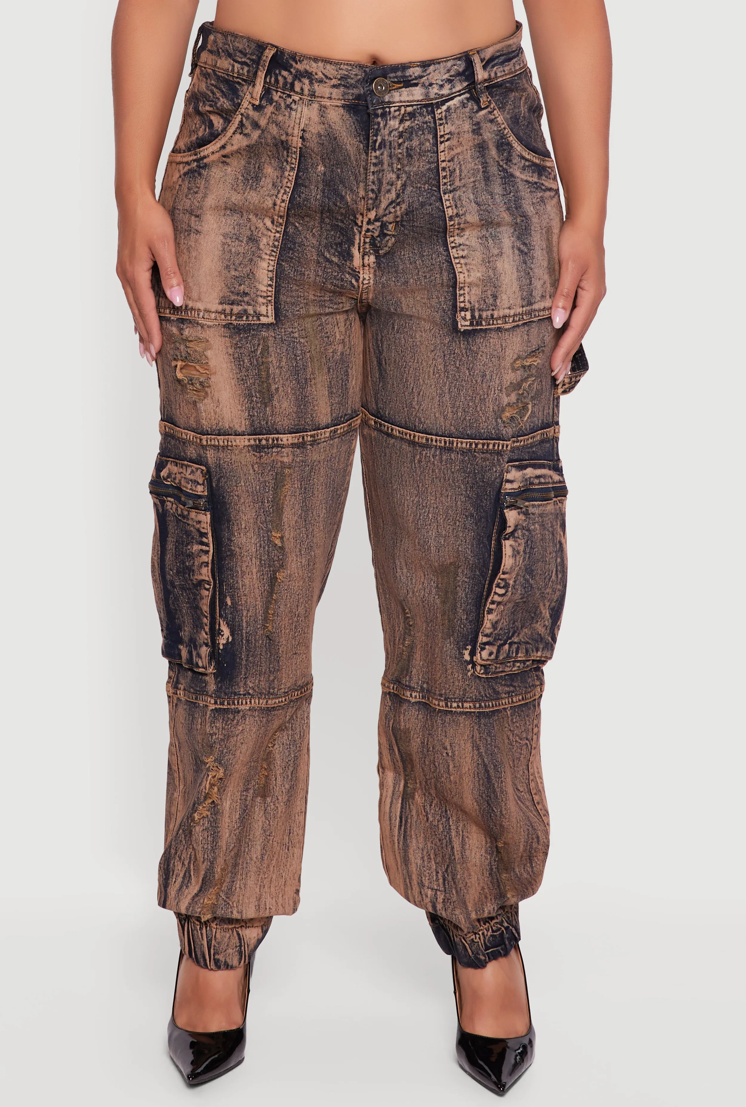 Plus Size Acid Wash Distressed Denim Cargo Joggers sold by Rainbow product image thumbnail 5