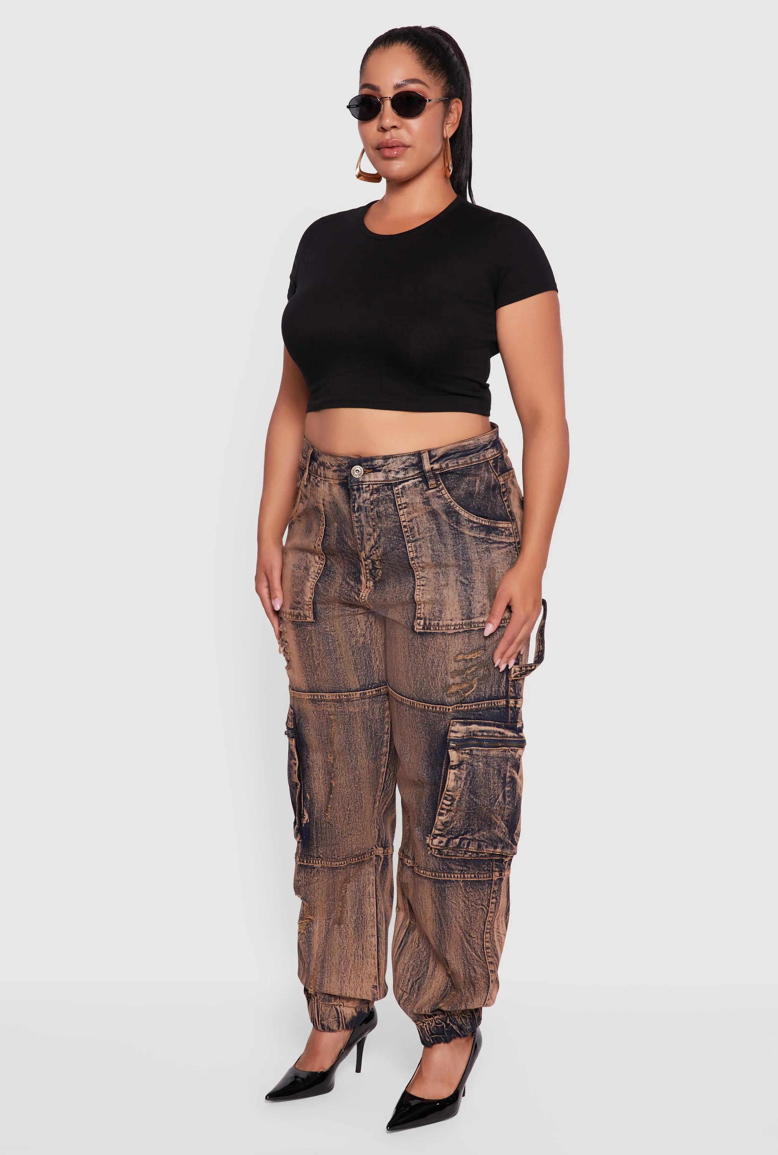 Plus Size Acid Wash Distressed Denim Cargo Joggers sold by Rainbow product image thumbnail 3