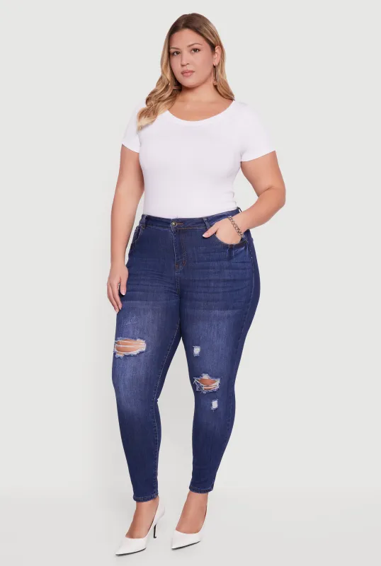Plus Size High Waisted Distressed Stretchy Skinny Jeans sold by Rainbow