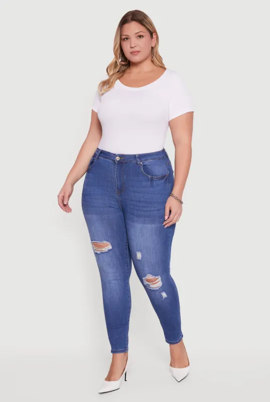 Plus Size High Waisted Distressed Stretchy Skinny Jeans sold by Rainbow